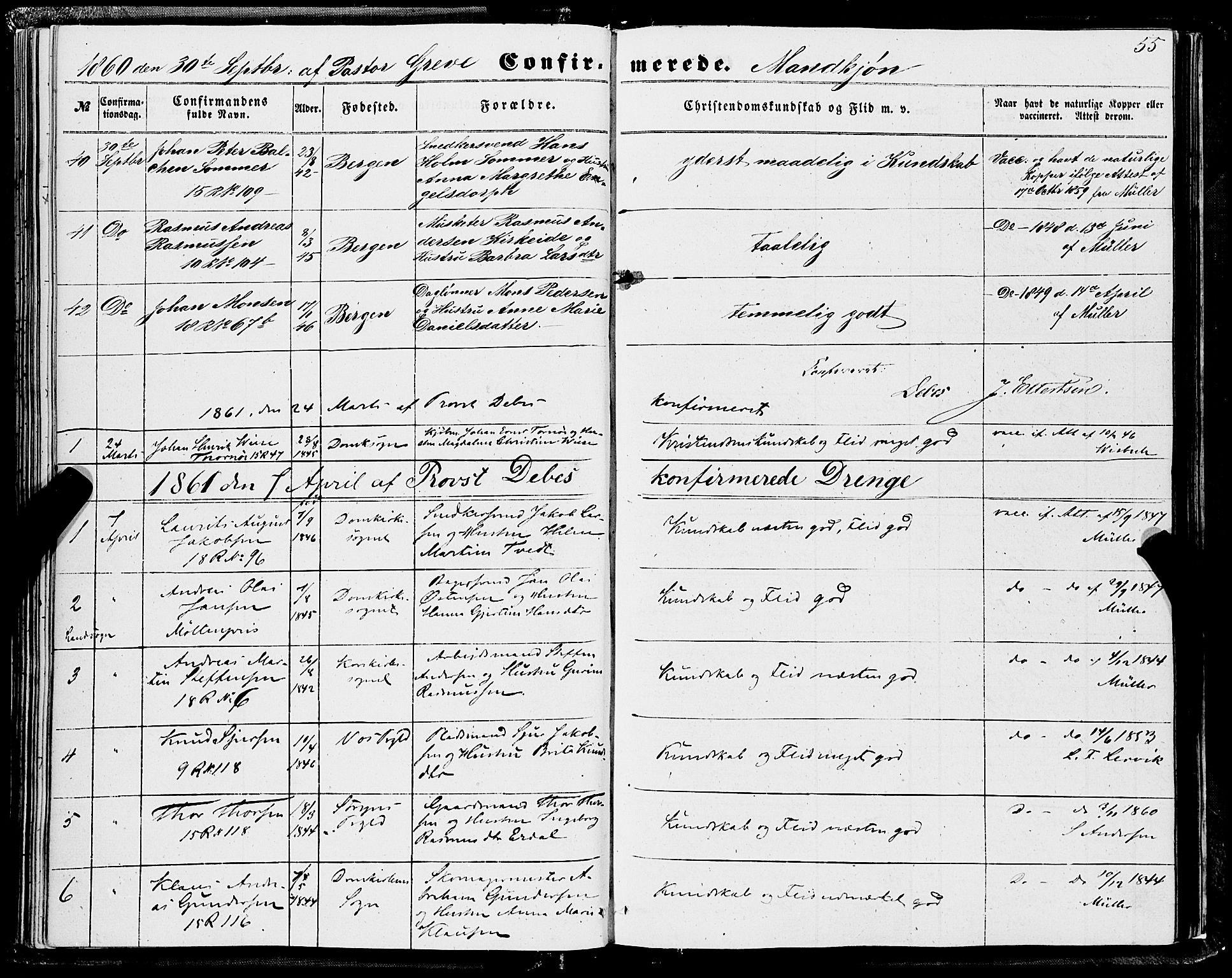 Domkirken sokneprestembete, SAB/A-74801/H/Haa/L0028: Parish register (official) no. C 3, 1852-1864, p. 55