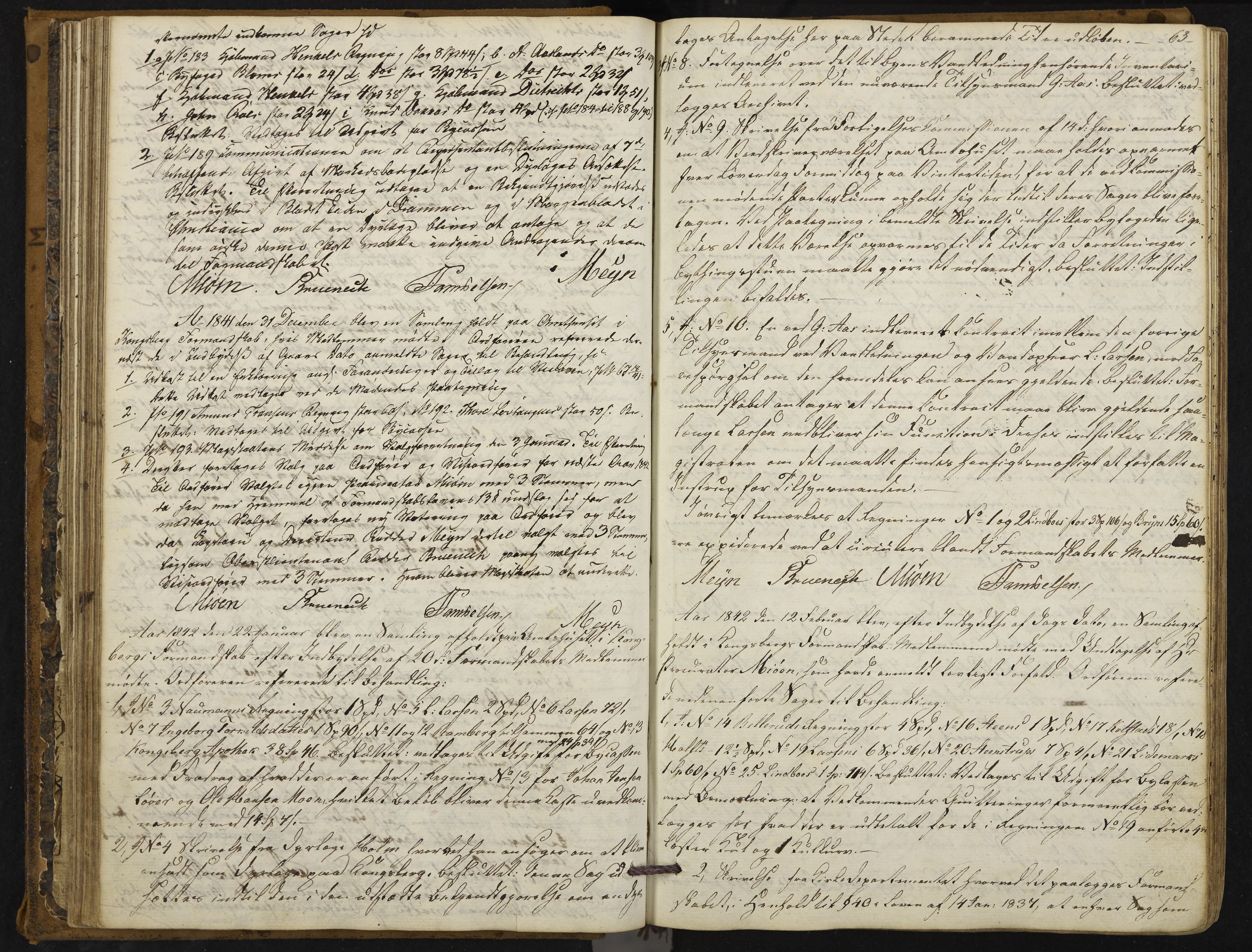 Kongsberg formannskap og sentraladministrasjon, IKAK/0604021-1/A/L0001: Møtebok med register, 1837-1849, p. 63