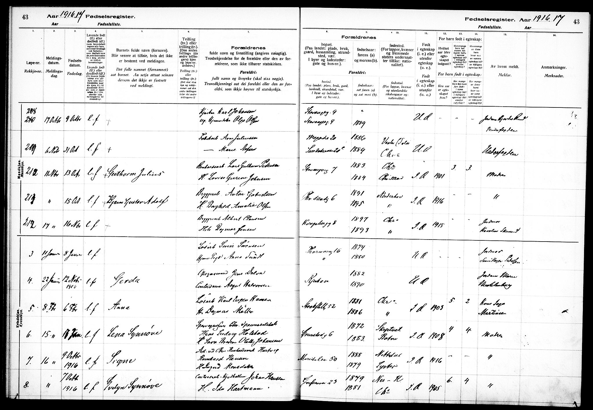 Sagene prestekontor Kirkebøker, AV/SAO-A-10796/J/L0001: Birth register no. 1, 1916-1920, p. 43