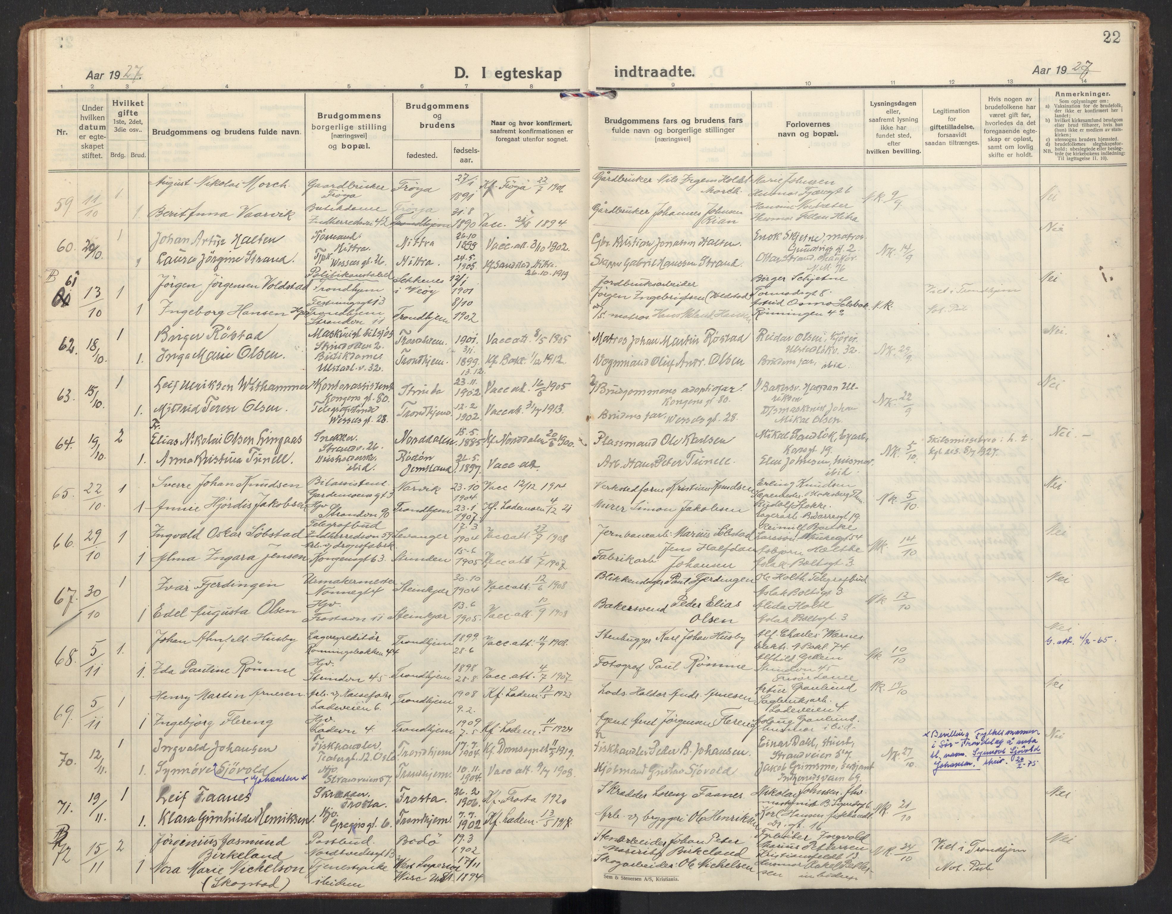 Ministerialprotokoller, klokkerbøker og fødselsregistre - Sør-Trøndelag, SAT/A-1456/605/L0249: Parish register (official) no. 605A11, 1925-1936, p. 22