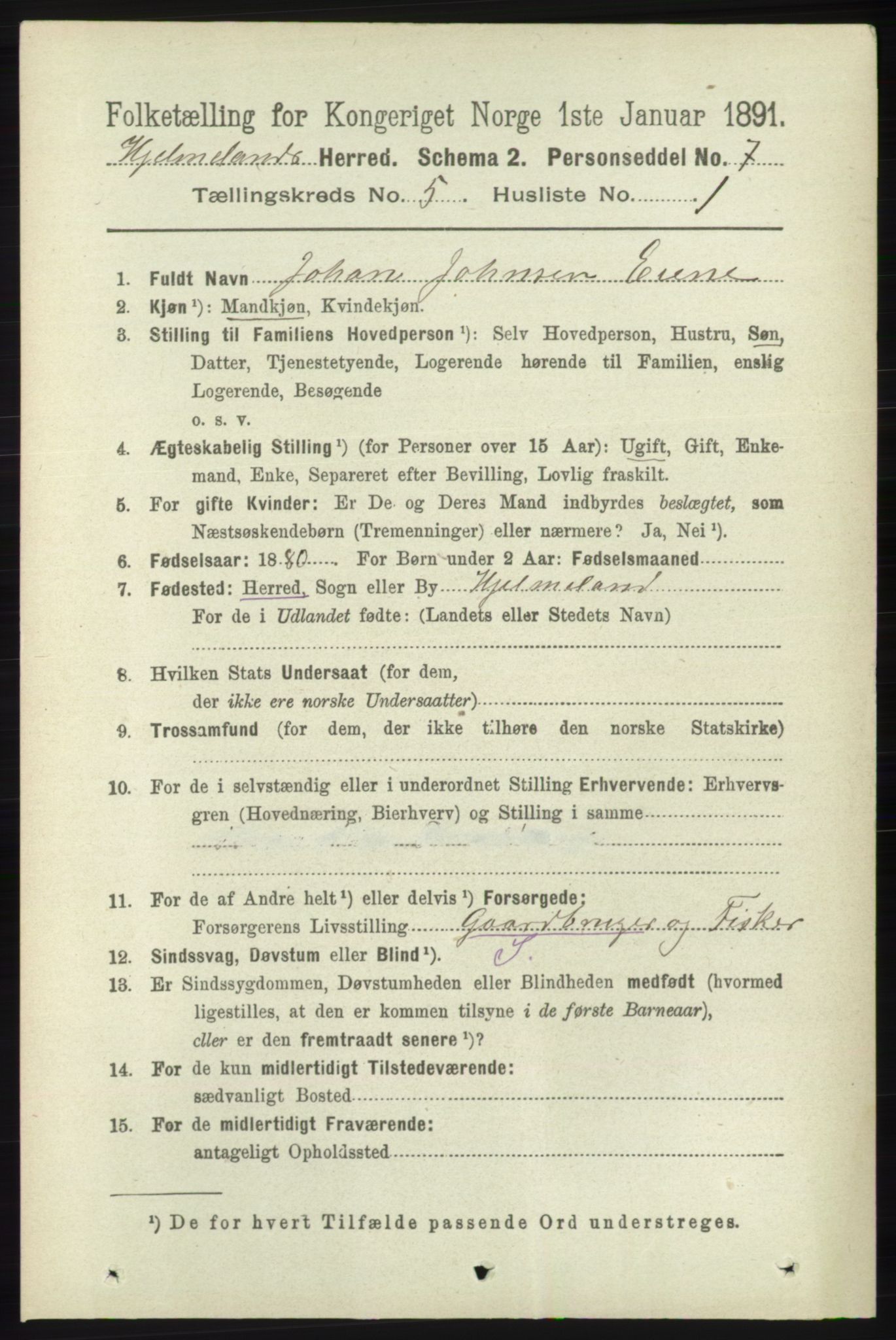 RA, 1891 census for 1133 Hjelmeland, 1891, p. 1157