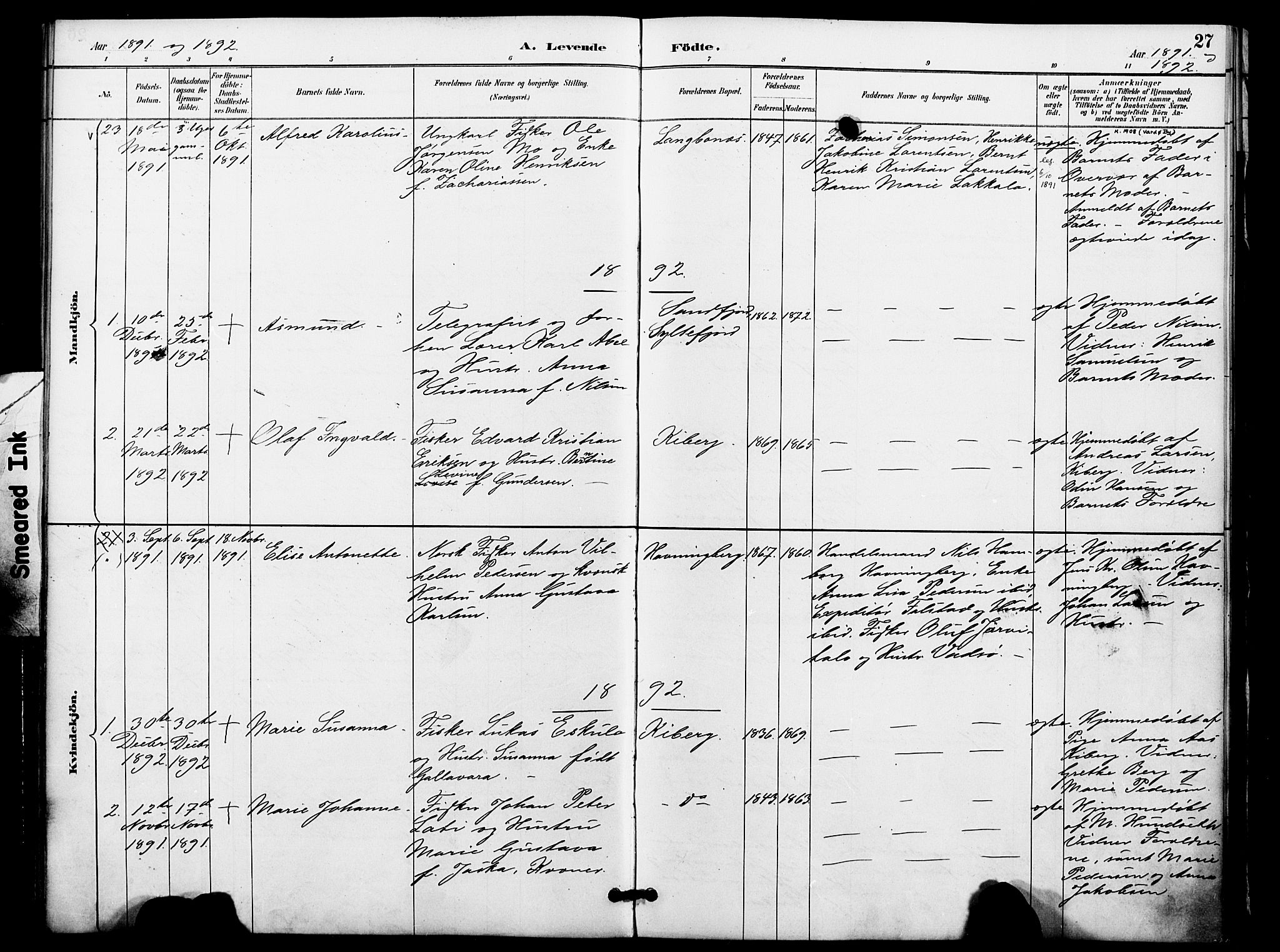 Vardø sokneprestkontor, SATØ/S-1332/H/Ha/L0009kirke: Parish register (official) no. 9, 1887-1898, p. 27