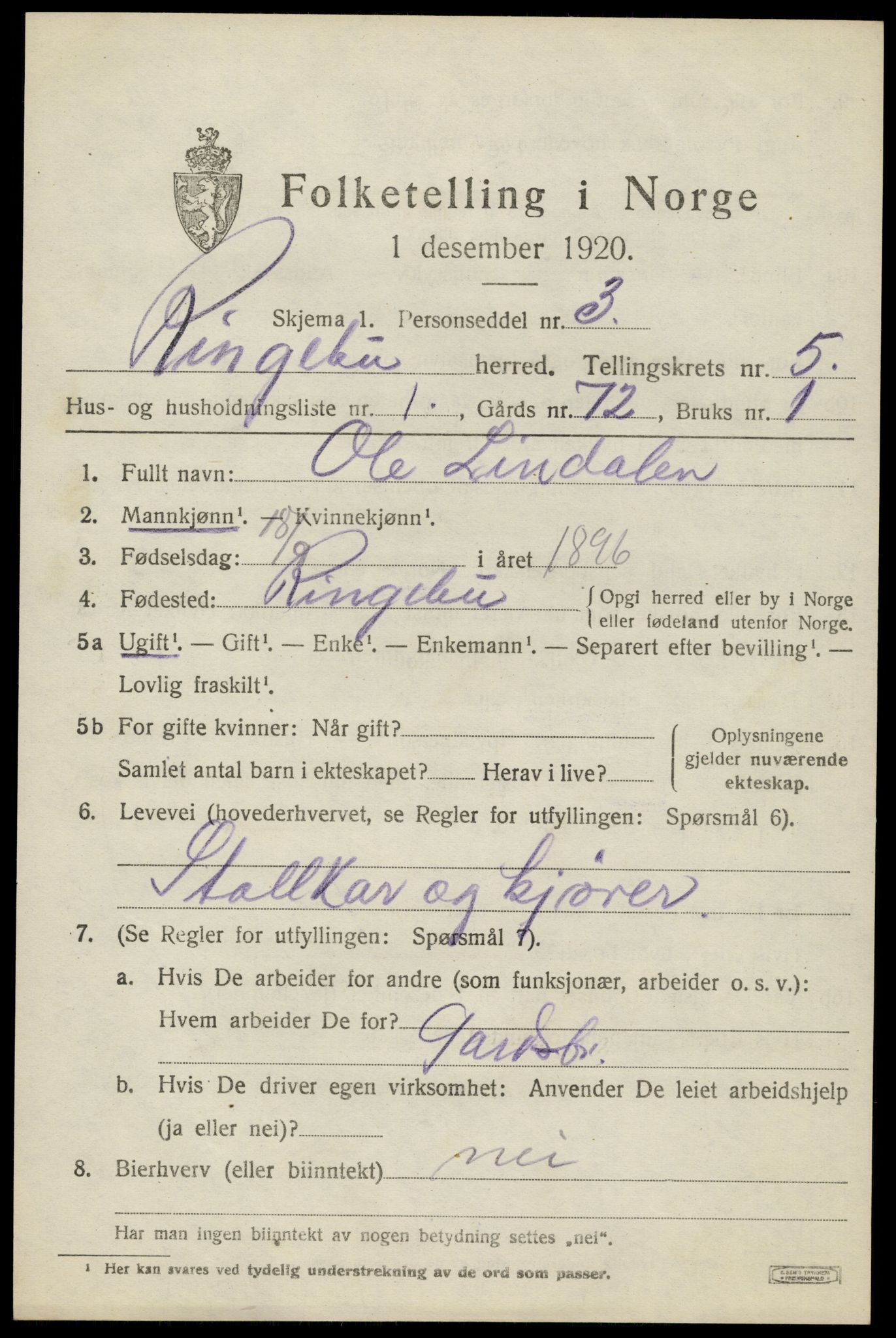 SAH, 1920 census for Ringebu, 1920, p. 5963