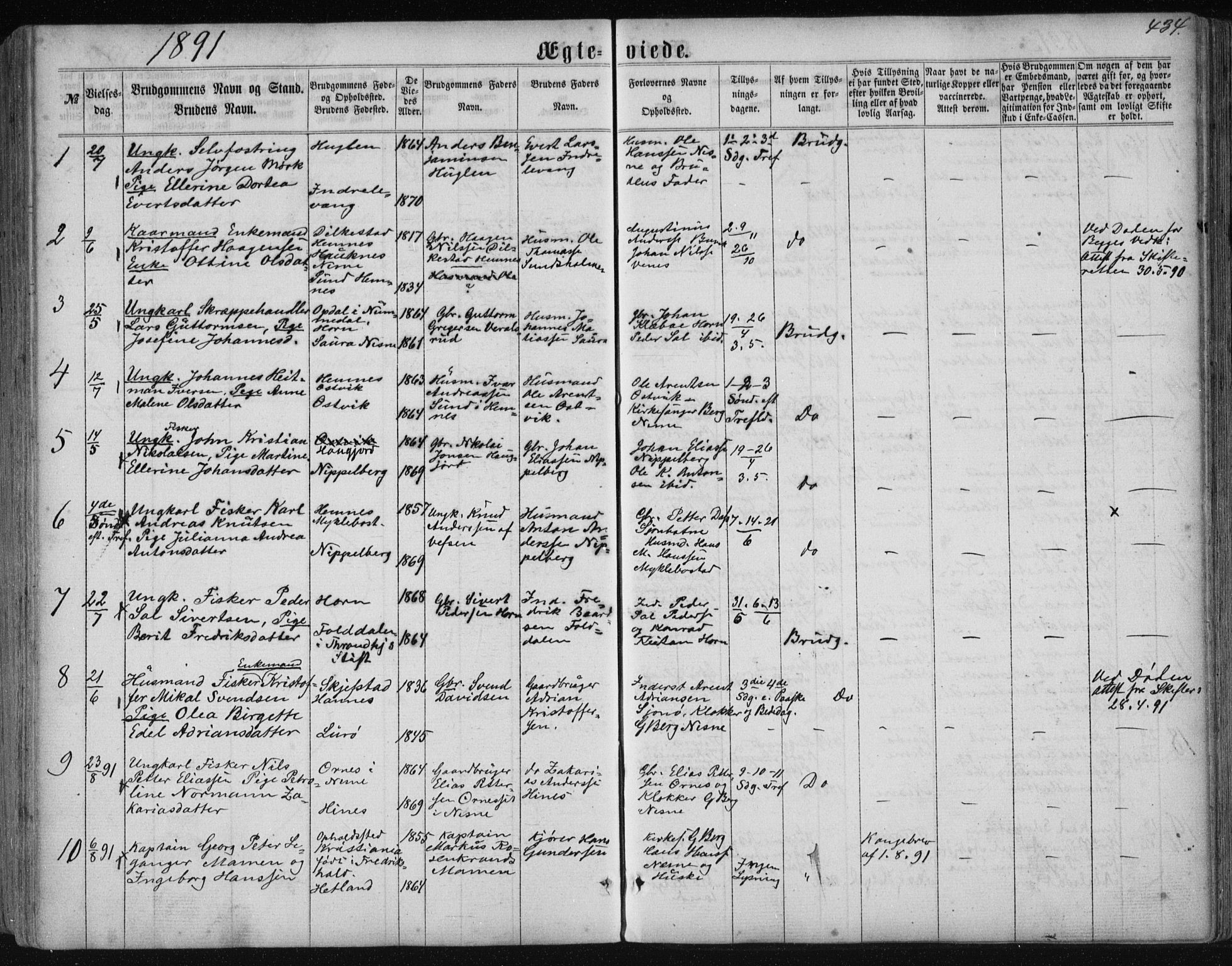 Ministerialprotokoller, klokkerbøker og fødselsregistre - Nordland, AV/SAT-A-1459/838/L0556: Parish register (copy) no. 838C03, 1861-1893, p. 434
