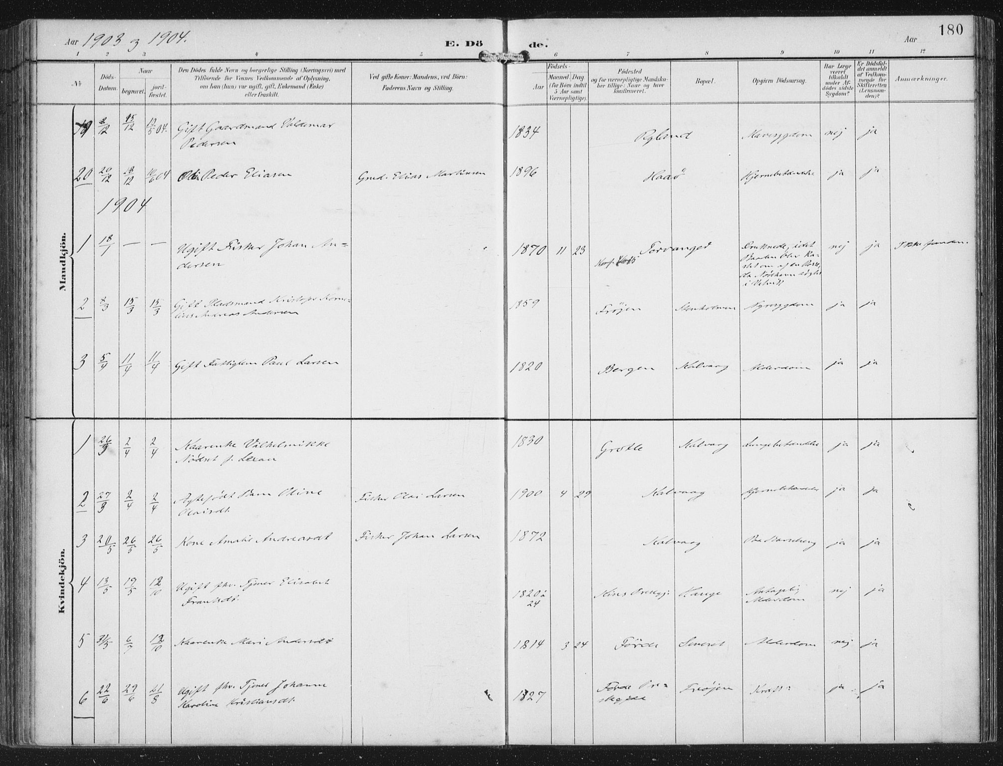 Bremanger sokneprestembete, SAB/A-82201/H/Haa/Haab/L0002: Parish register (official) no. B  2, 1896-1908, p. 180
