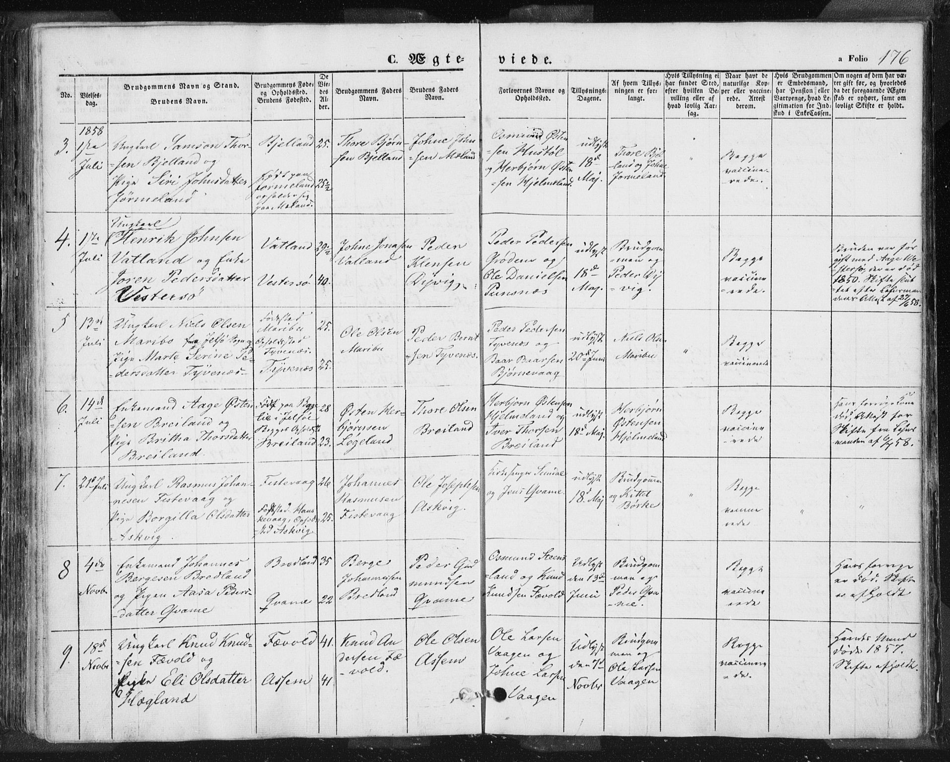 Hjelmeland sokneprestkontor, AV/SAST-A-101843/01/IV/L0009: Parish register (official) no. A 9, 1846-1860, p. 176