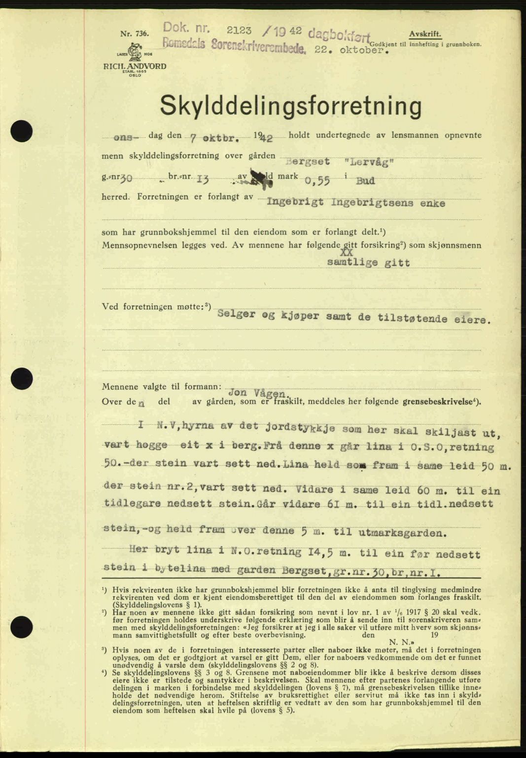 Romsdal sorenskriveri, AV/SAT-A-4149/1/2/2C: Mortgage book no. A13, 1942-1943, Diary no: : 2123/1942