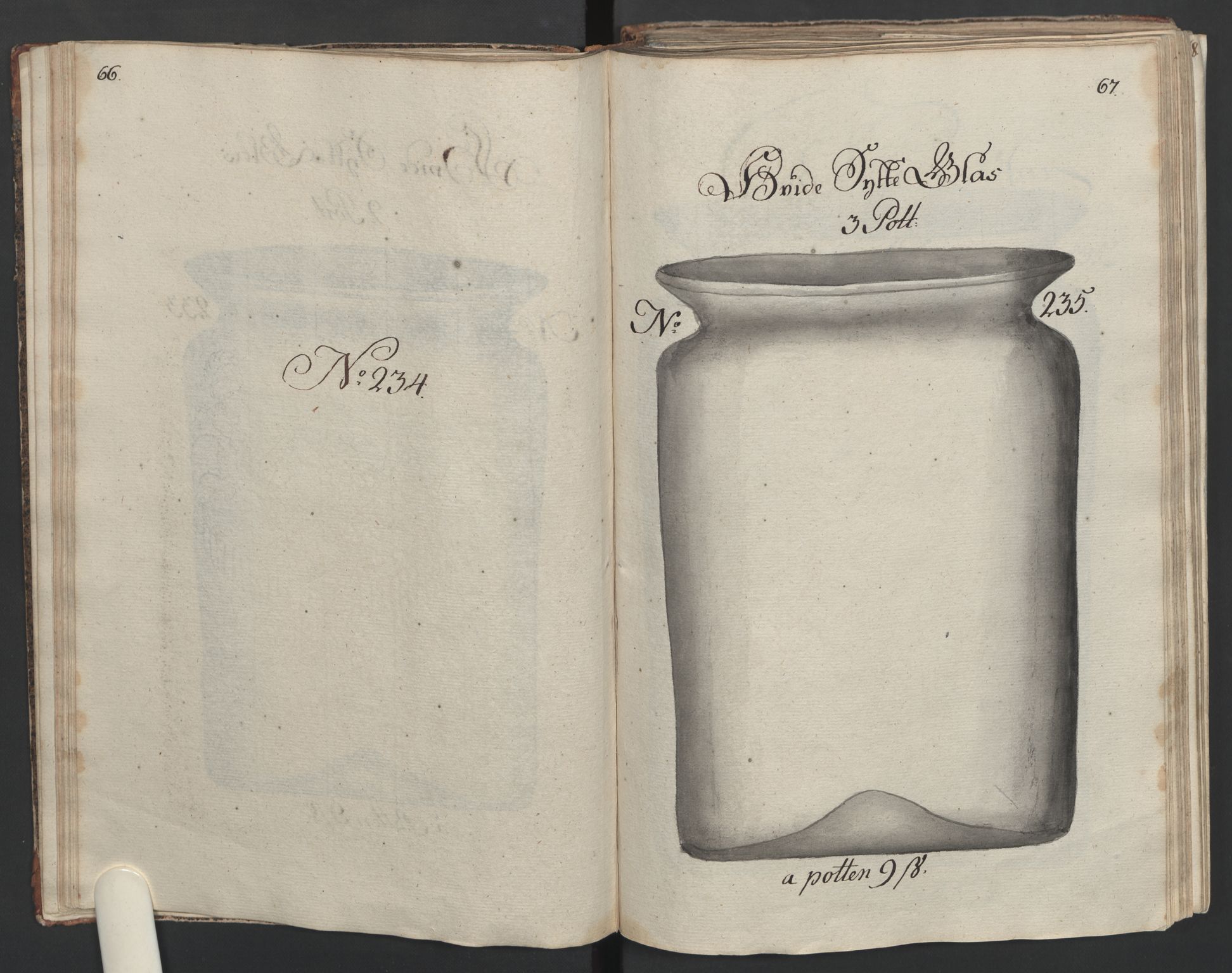 Glassverk, samlinger, AV/RA-PA-0001/F/Fa/L0036: Modellbok for Nøstetangens og Aas' produkter med prisangivelse,, 1763, p. 66-67