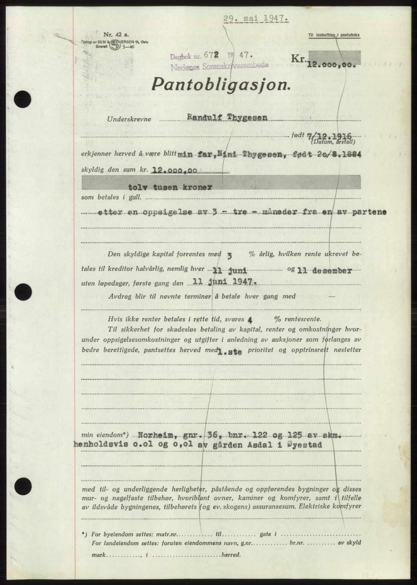 Nedenes sorenskriveri, AV/SAK-1221-0006/G/Gb/Gbb/L0004: Mortgage book no. B4, 1947-1947, Diary no: : 672/1947