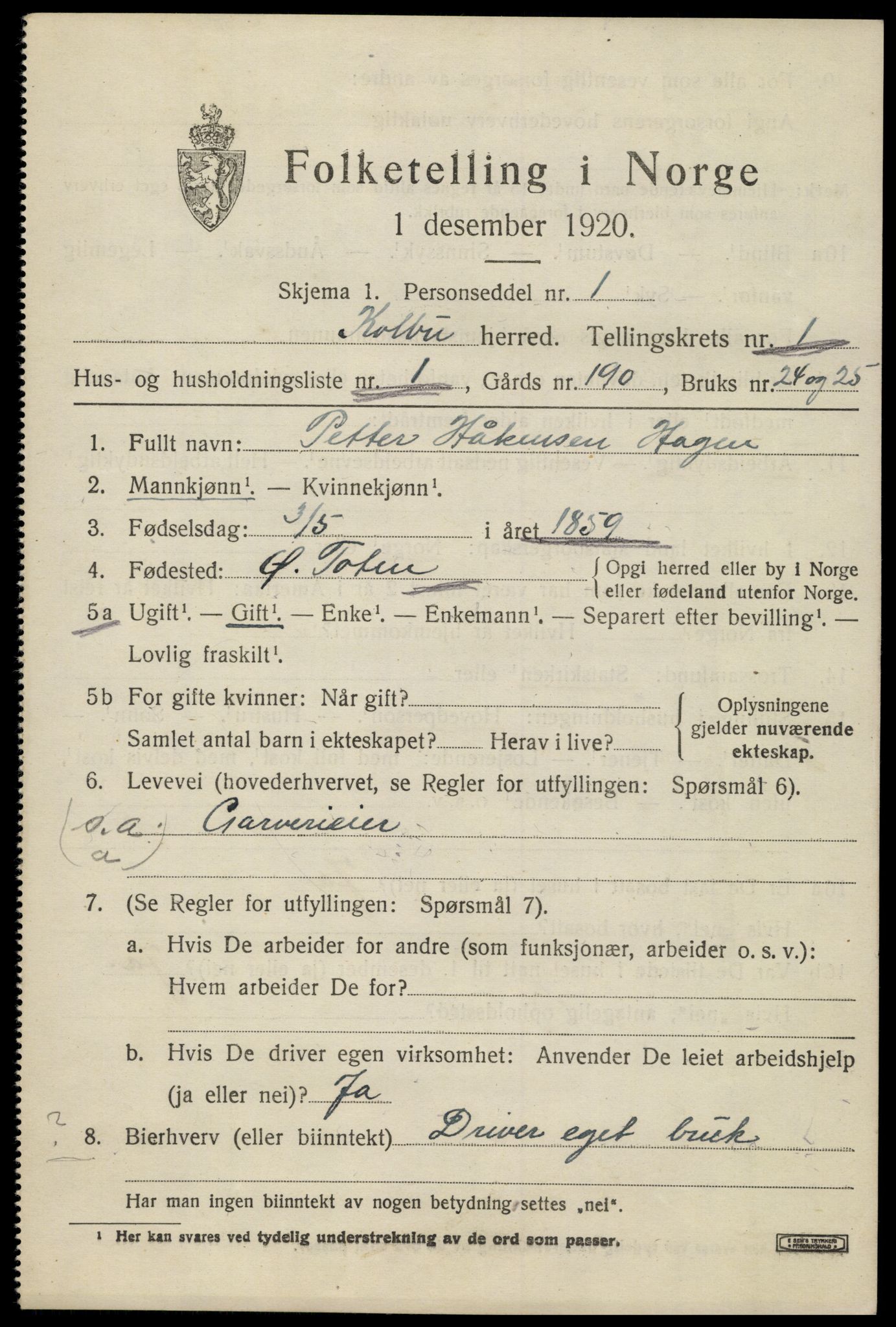 SAH, 1920 census for Kolbu, 1920, p. 1032