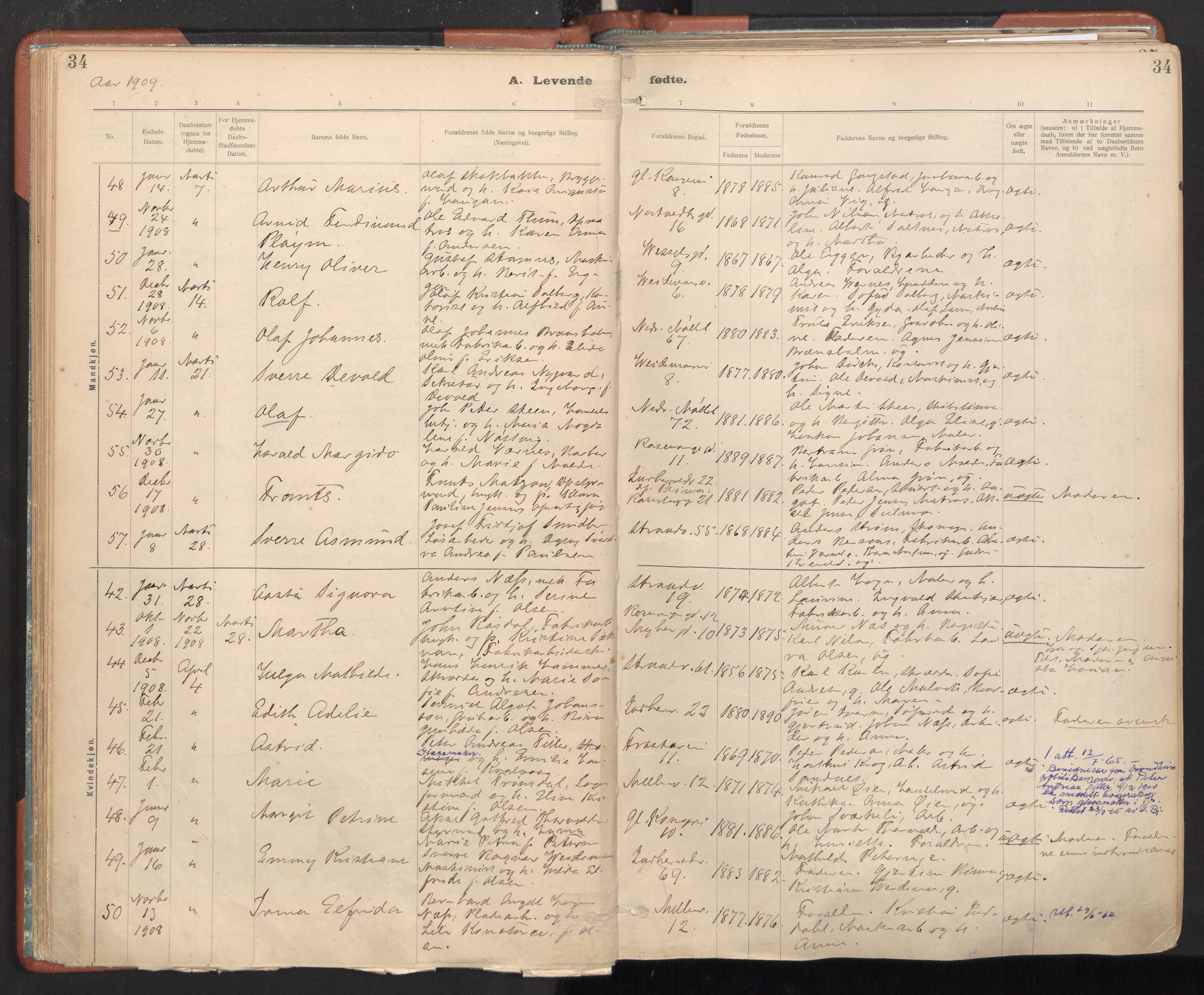 Ministerialprotokoller, klokkerbøker og fødselsregistre - Sør-Trøndelag, AV/SAT-A-1456/605/L0243: Parish register (official) no. 605A05, 1908-1923, p. 34