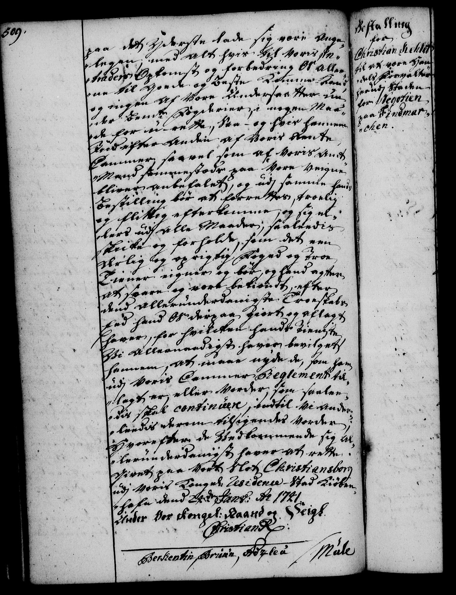 Rentekammeret, Kammerkanselliet, RA/EA-3111/G/Gg/Gge/L0002: Norsk bestallingsprotokoll med register (merket RK 53.26), 1730-1744, p. 509