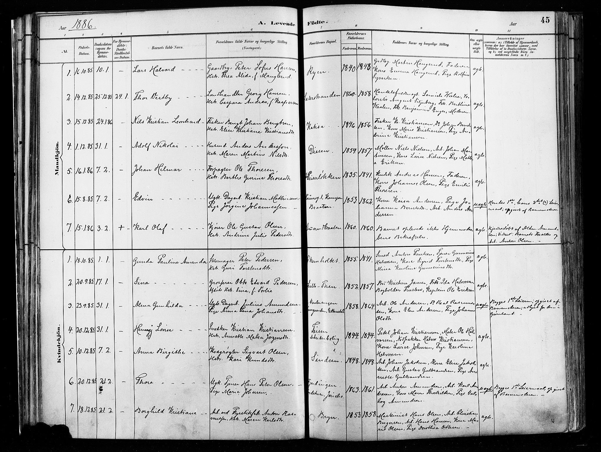 Østre Aker prestekontor Kirkebøker, SAO/A-10840/F/Fa/L0008: Parish register (official) no. I 8, 1883-1894, p. 45