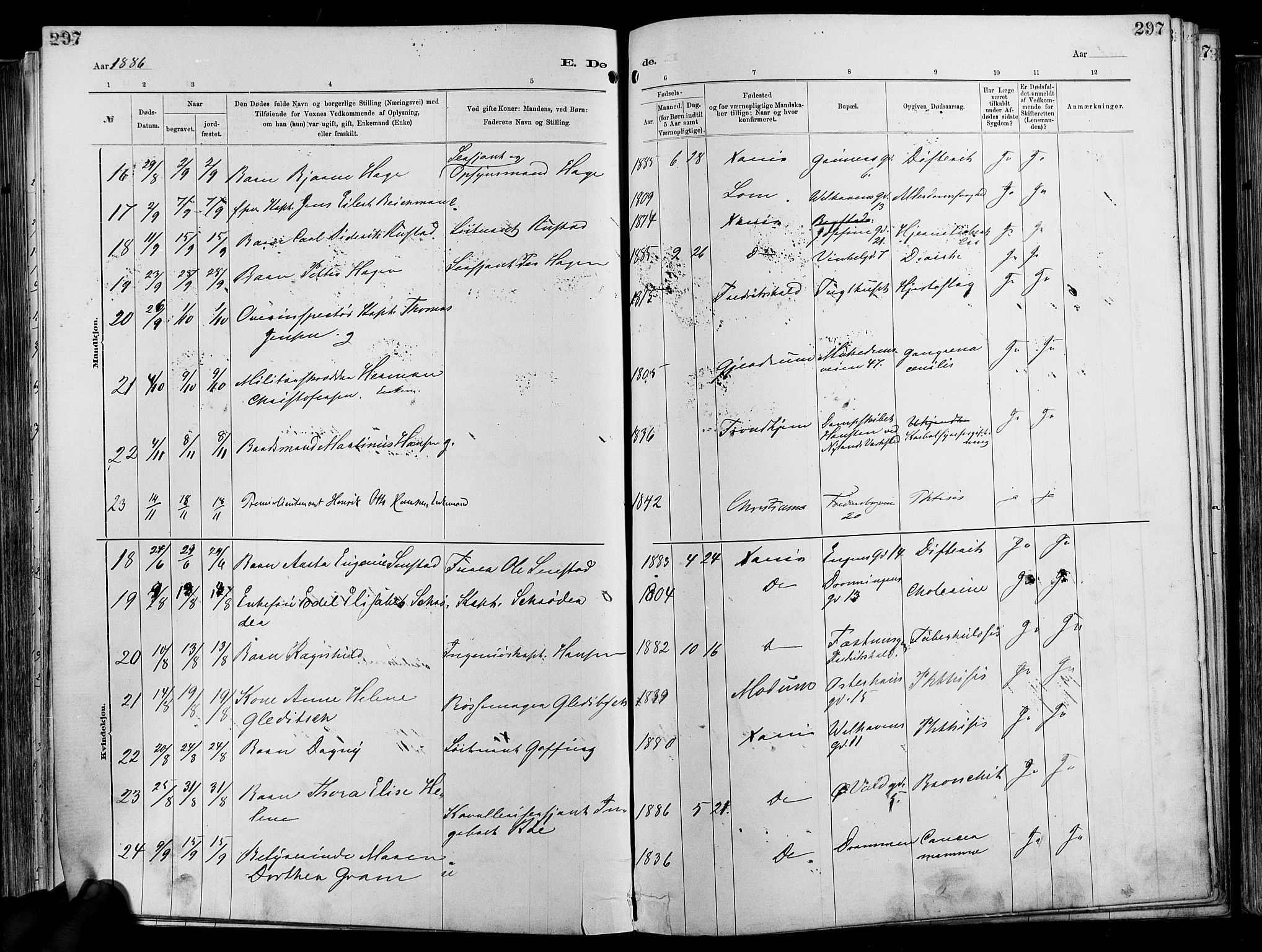 Garnisonsmenigheten Kirkebøker, SAO/A-10846/F/Fa/L0012: Parish register (official) no. 12, 1880-1893, p. 297