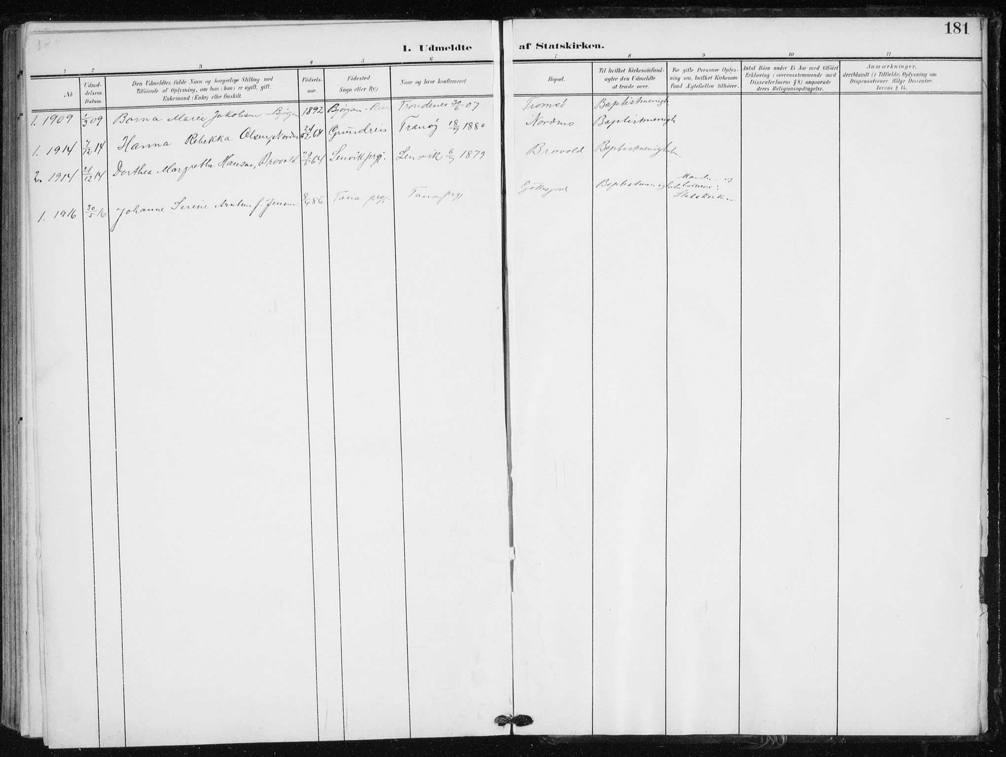 Tranøy sokneprestkontor, SATØ/S-1313/I/Ia/Iaa/L0012kirke: Parish register (official) no. 12, 1905-1918, p. 181