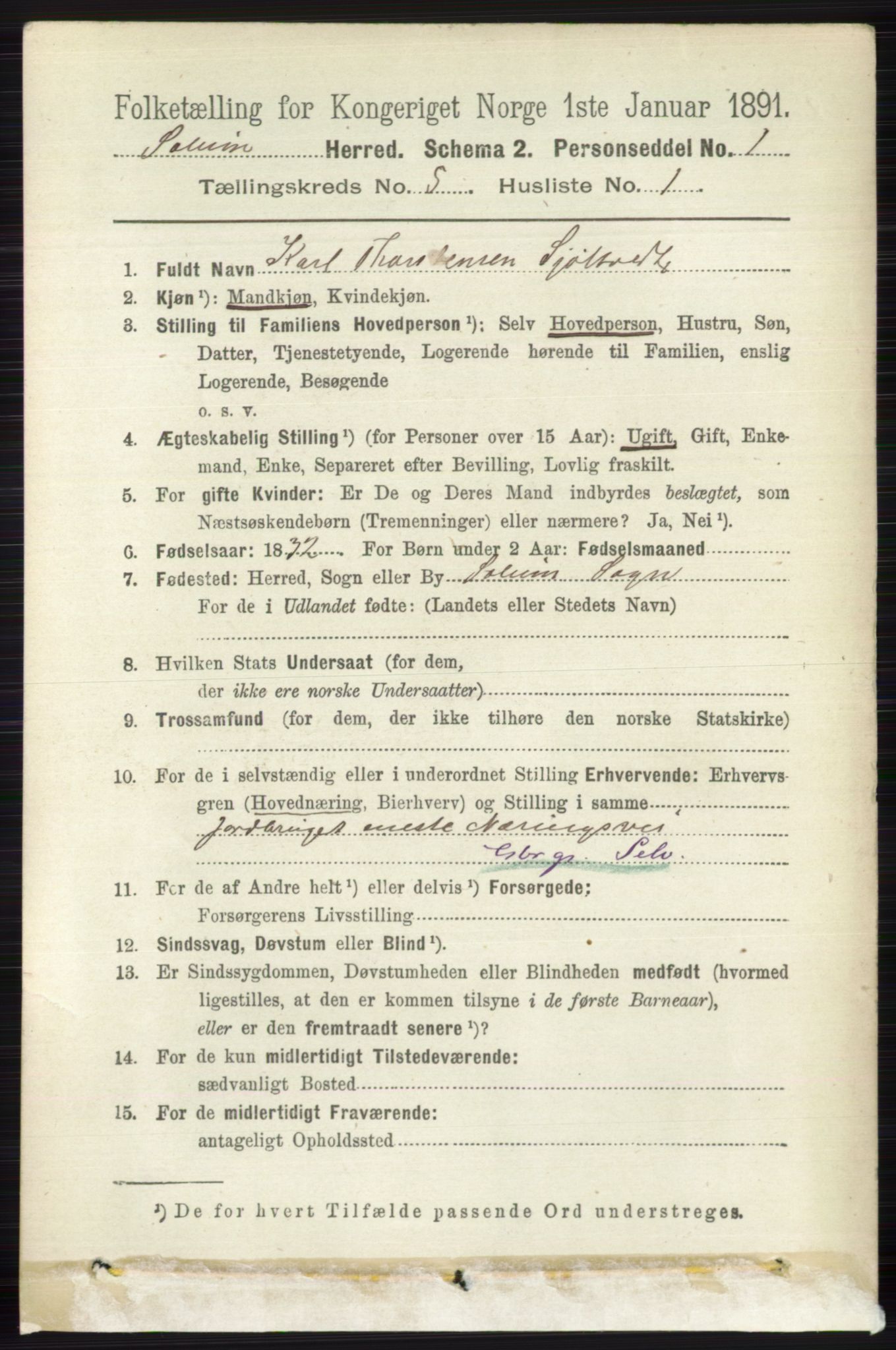 RA, 1891 census for 0818 Solum, 1891, p. 836