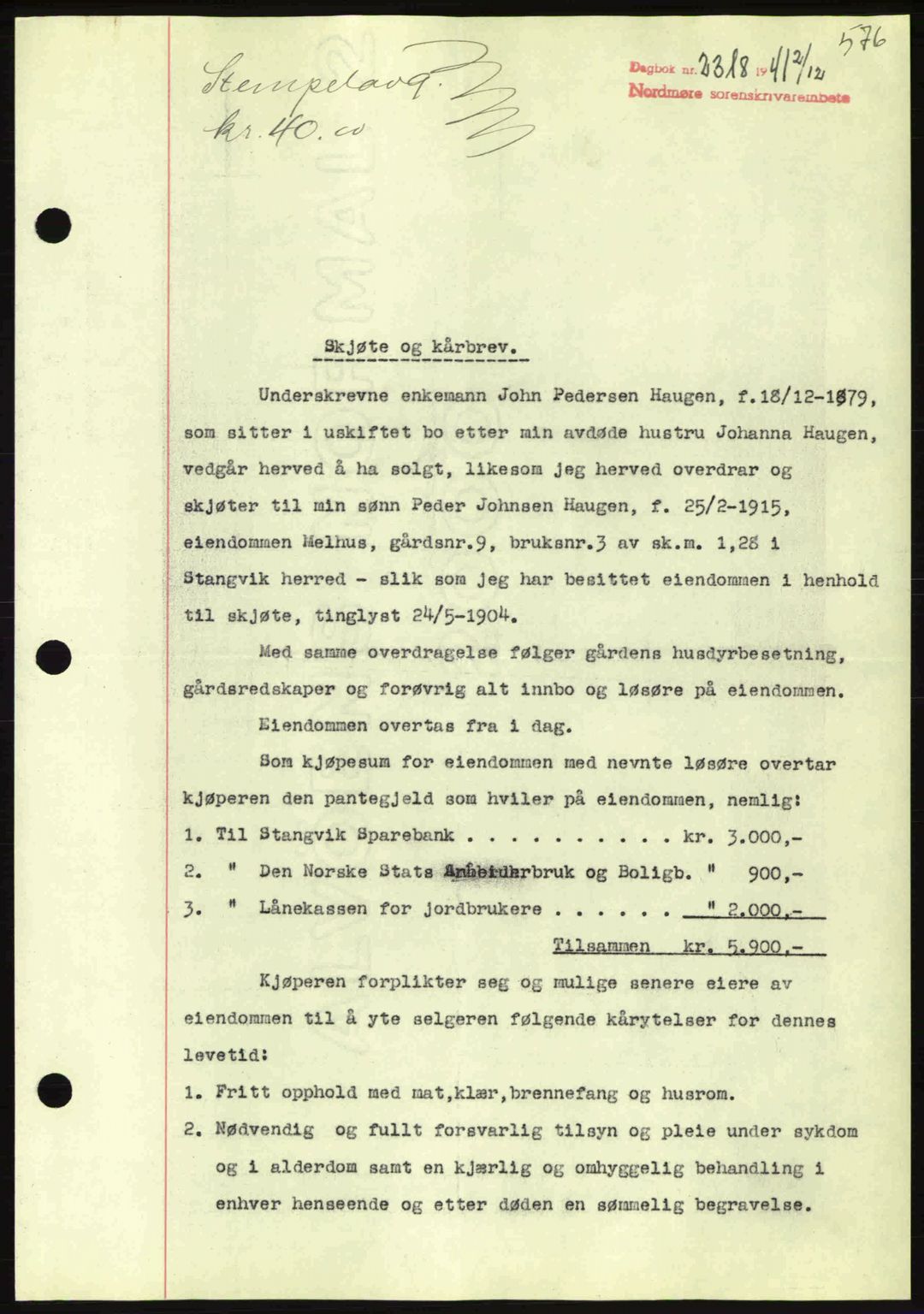 Nordmøre sorenskriveri, AV/SAT-A-4132/1/2/2Ca: Mortgage book no. A91, 1941-1942, Diary no: : 2318/1941