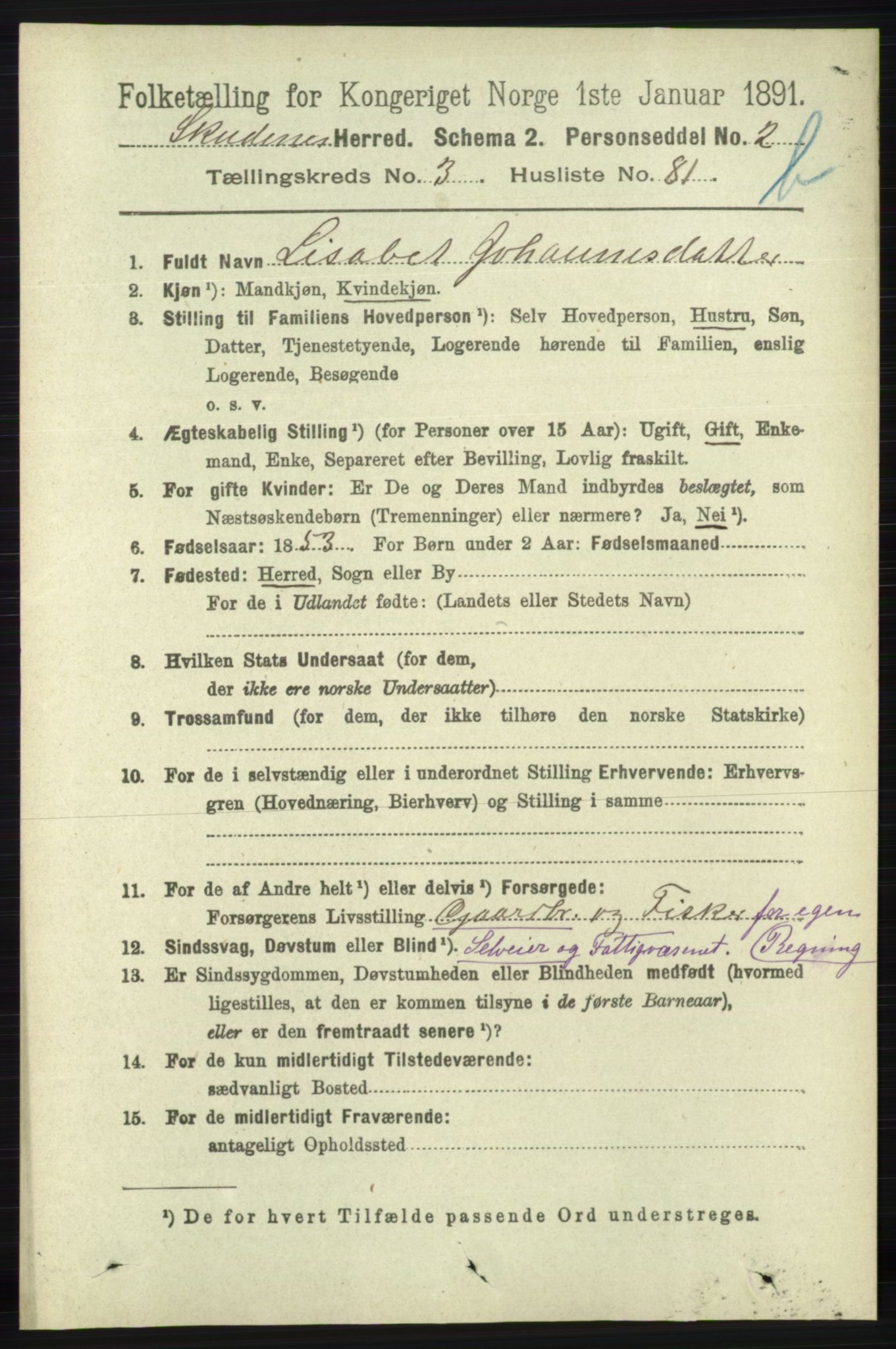 RA, 1891 census for 1150 Skudenes, 1891, p. 4418