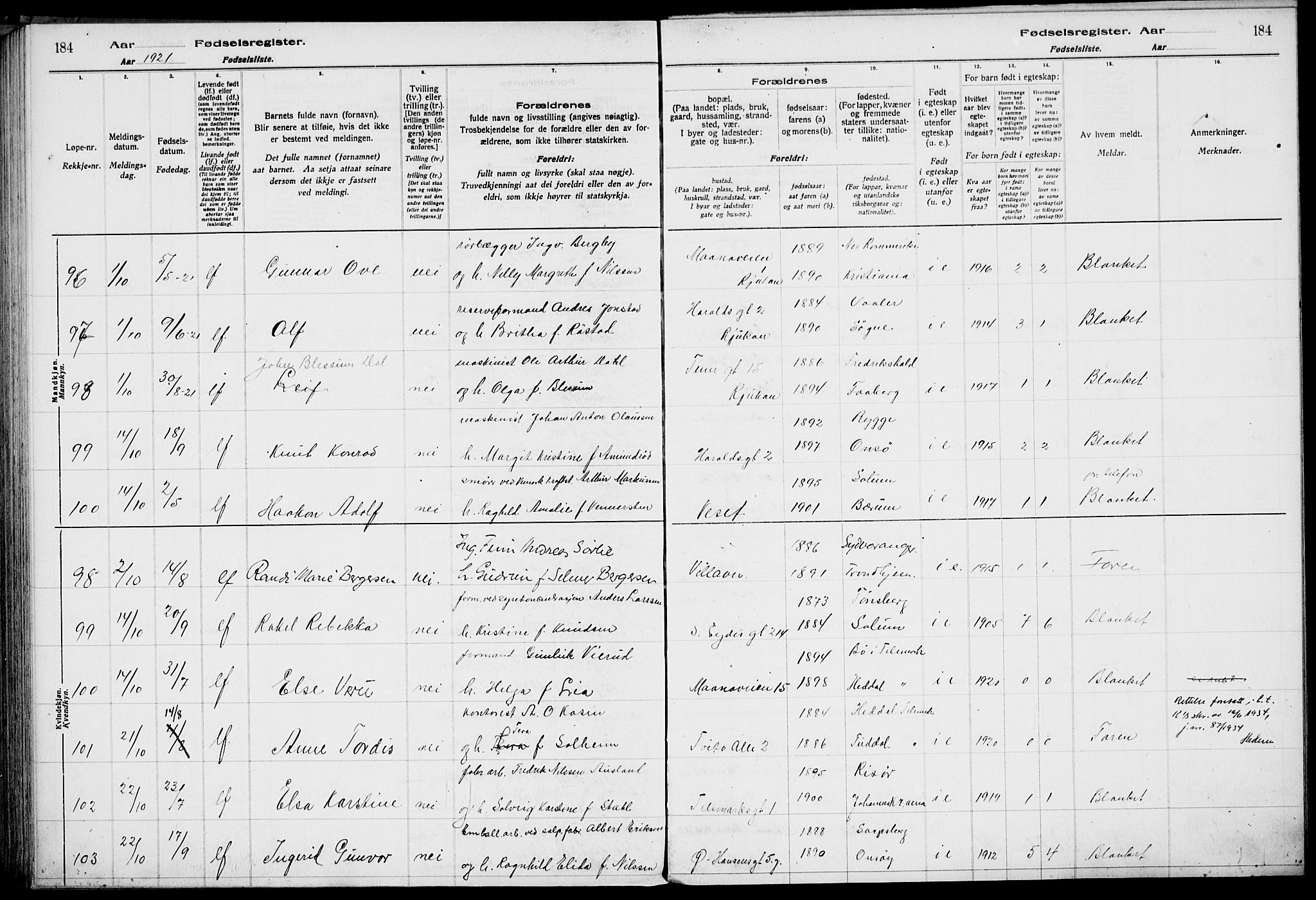 Rjukan kirkebøker, AV/SAKO-A-294/J/Ja/L0001: Birth register no. 1, 1916-1922, p. 184