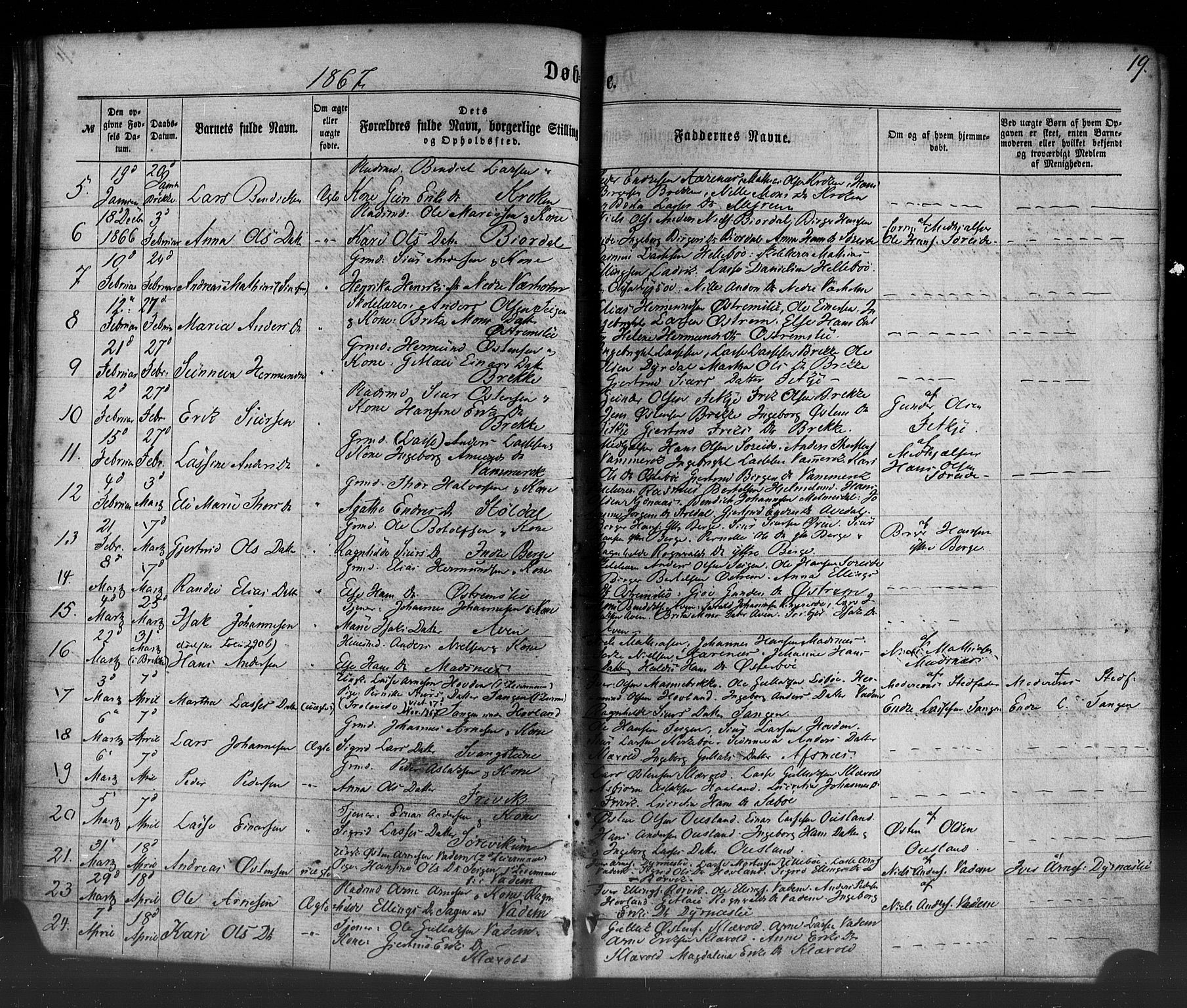Lavik sokneprestembete, SAB/A-80901: Parish register (official) no. A 4, 1864-1881, p. 19