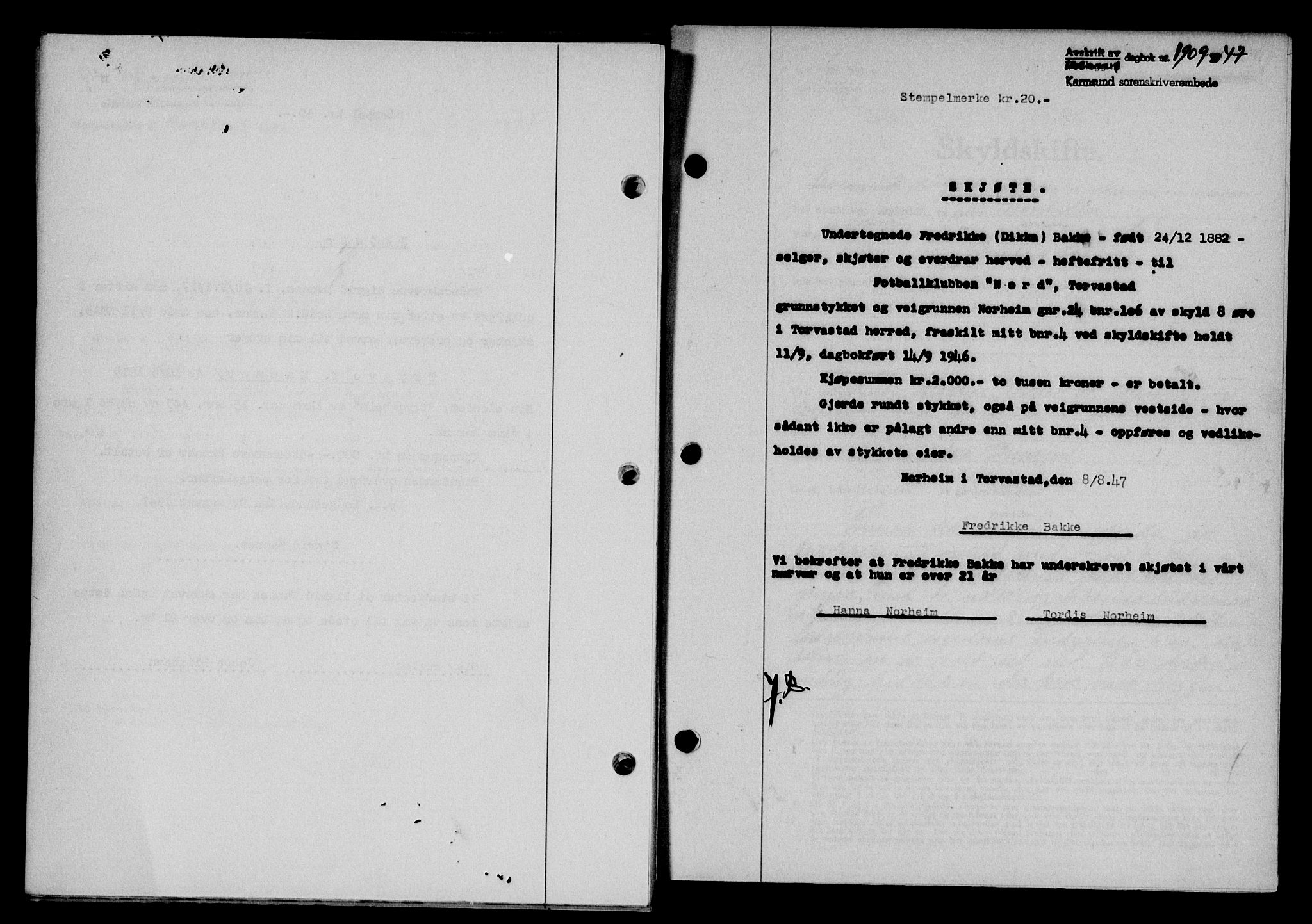 Karmsund sorenskriveri, SAST/A-100311/01/II/IIB/L0090: Mortgage book no. 70A, 1947-1947, Diary no: : 1909/1947