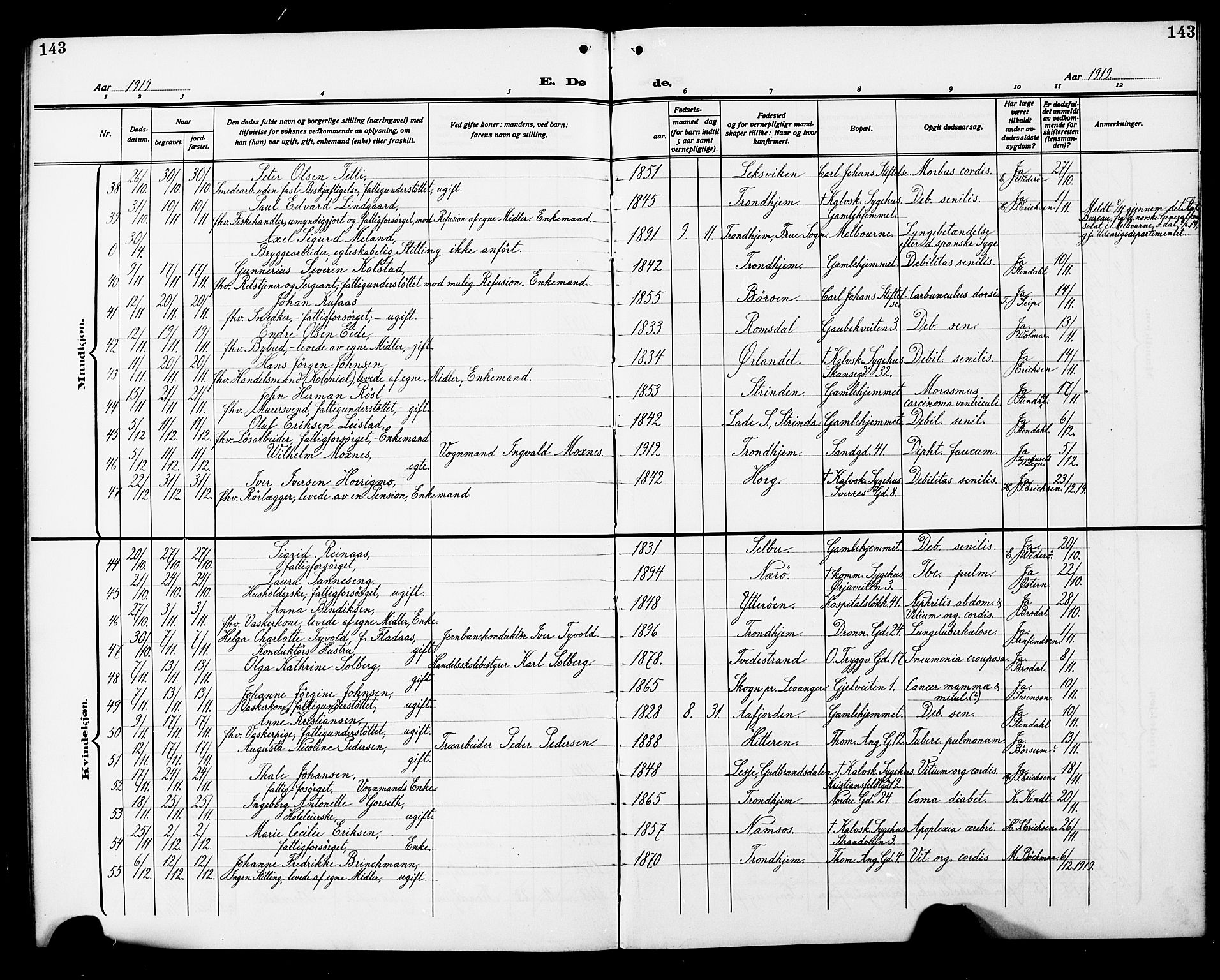 Ministerialprotokoller, klokkerbøker og fødselsregistre - Sør-Trøndelag, SAT/A-1456/602/L0147: Parish register (copy) no. 602C15, 1911-1924, p. 143