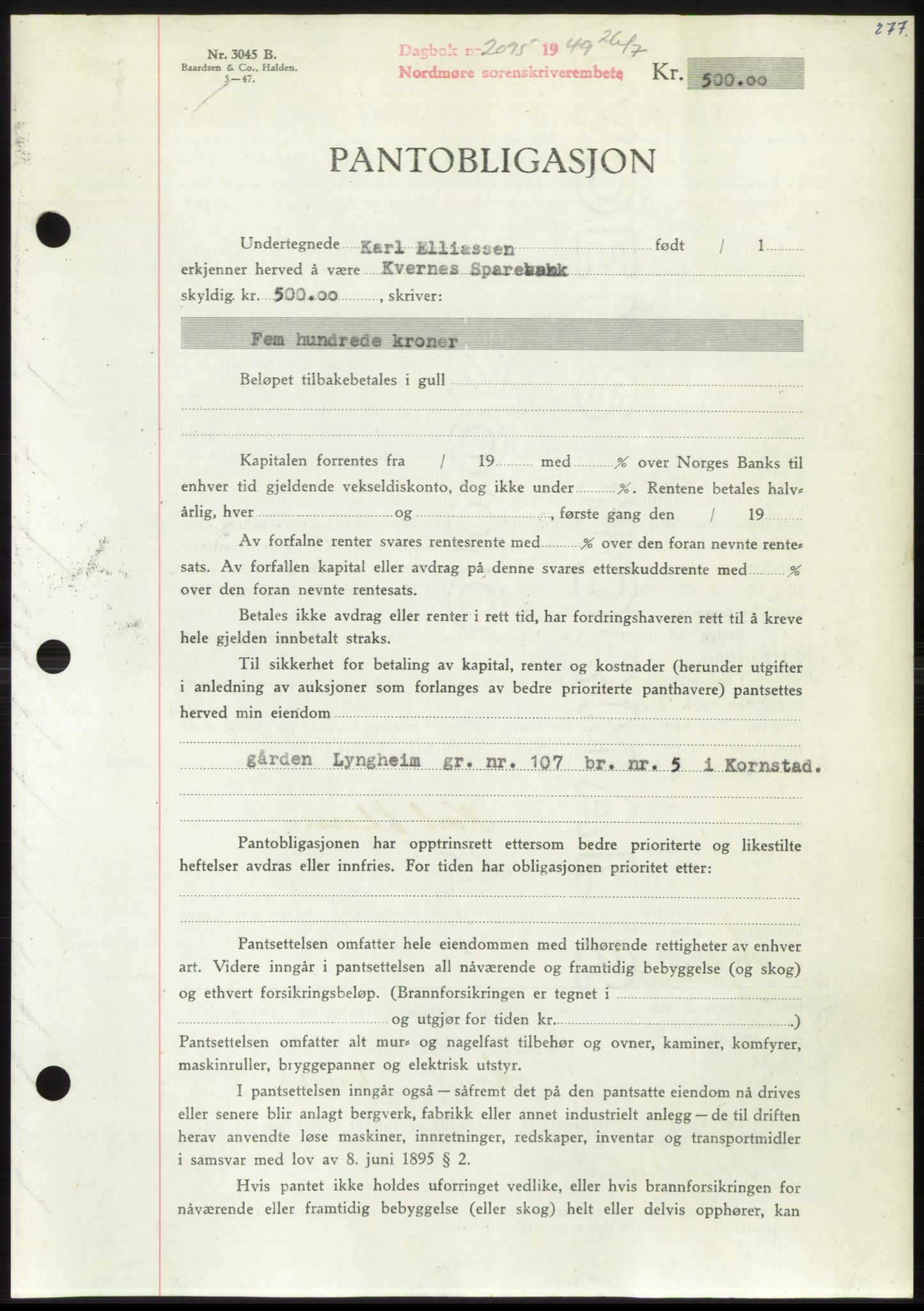 Nordmøre sorenskriveri, AV/SAT-A-4132/1/2/2Ca: Mortgage book no. B102, 1949-1949, Diary no: : 2095/1949