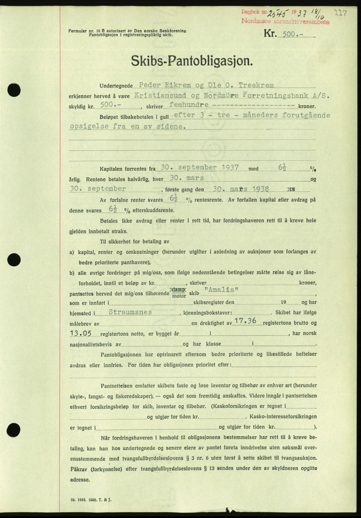 Nordmøre sorenskriveri, AV/SAT-A-4132/1/2/2Ca/L0092: Mortgage book no. B82, 1937-1938, Diary no: : 2545/1937