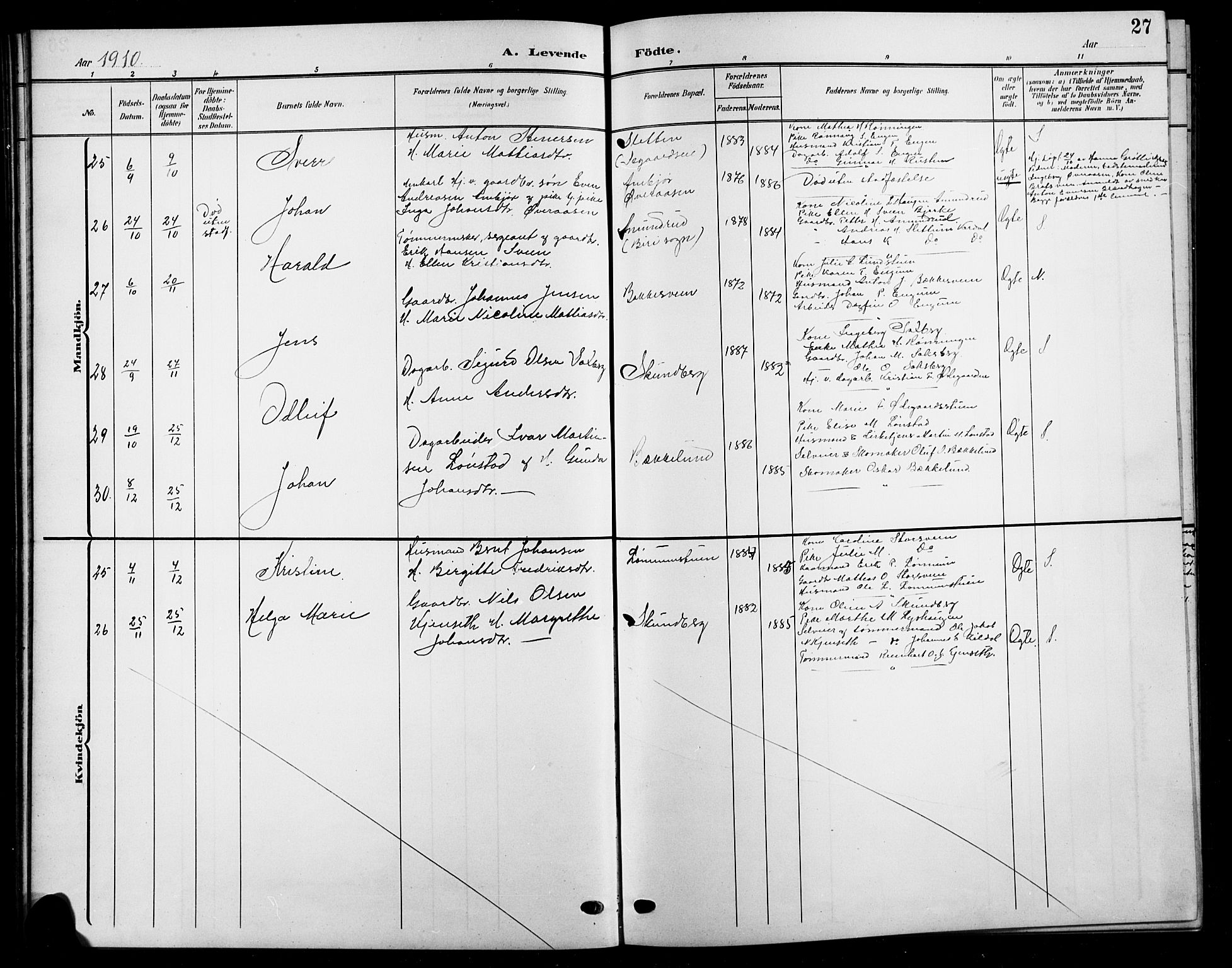 Biri prestekontor, SAH/PREST-096/H/Ha/Hab/L0005: Parish register (copy) no. 5, 1906-1919, p. 27