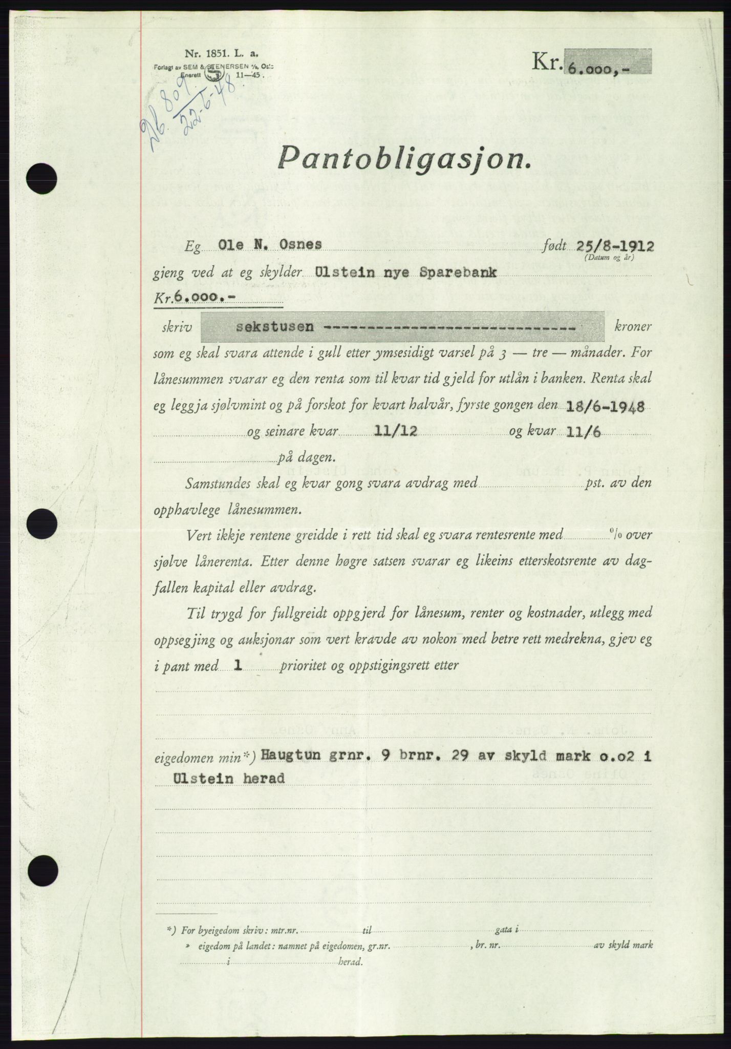 Søre Sunnmøre sorenskriveri, AV/SAT-A-4122/1/2/2C/L0116: Mortgage book no. 4B, 1948-1949, Diary no: : 809/1948