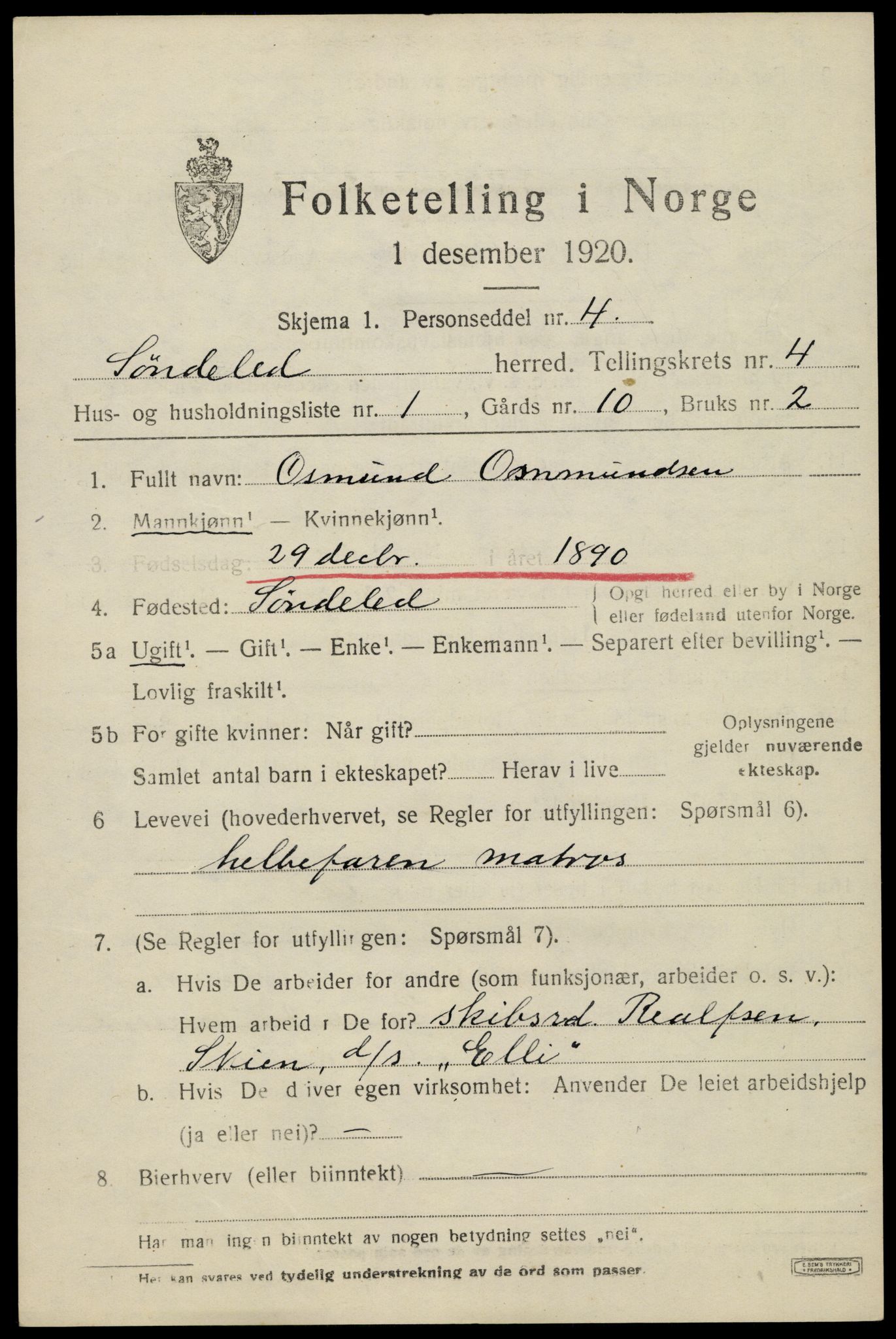 SAK, 1920 census for Søndeled, 1920, p. 2559