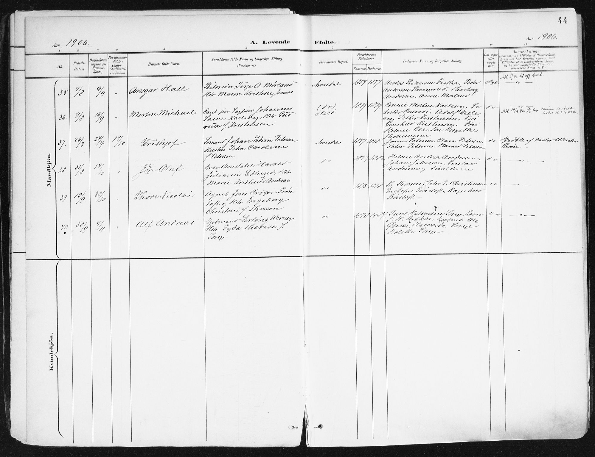 Arendal sokneprestkontor, Trefoldighet, AV/SAK-1111-0040/F/Fa/L0010: Parish register (official) no. A 10, 1900-1919, p. 44