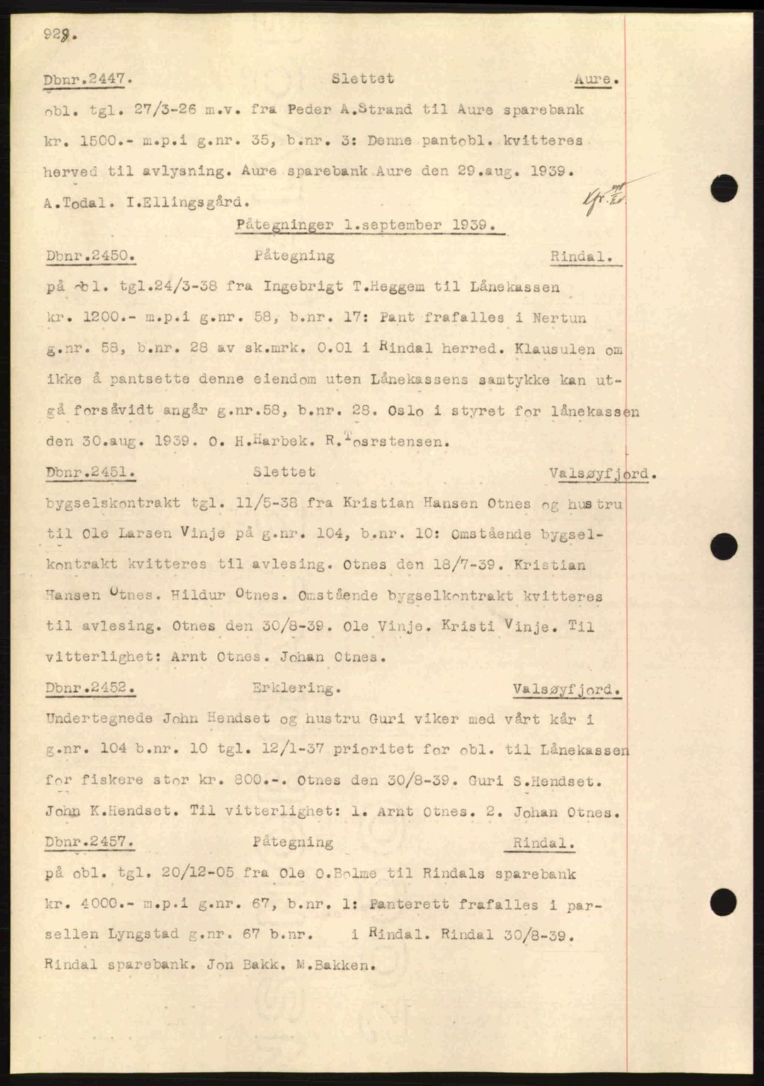 Nordmøre sorenskriveri, AV/SAT-A-4132/1/2/2Ca: Mortgage book no. C80, 1936-1939, Diary no: : 2447/1939