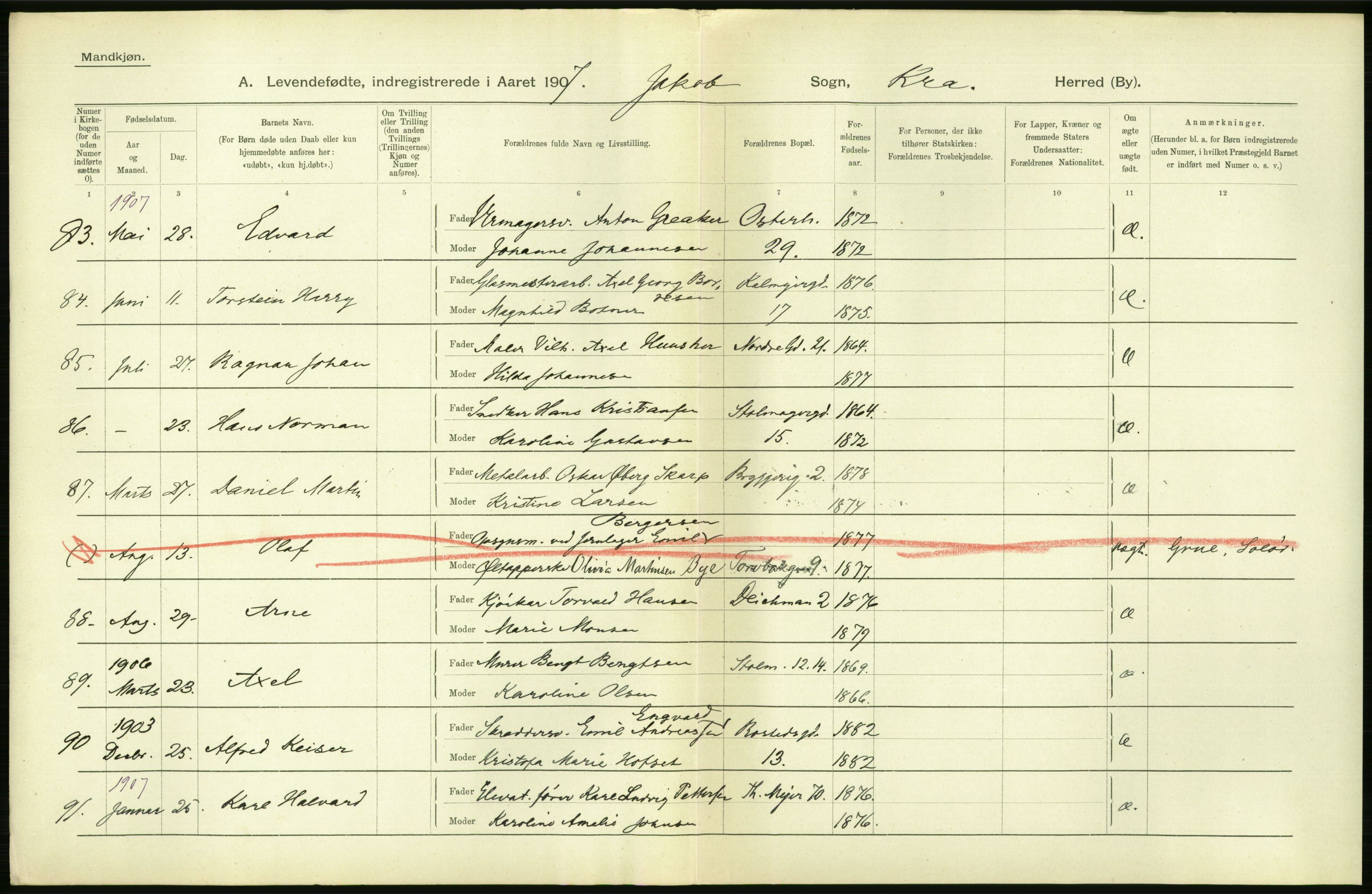 Statistisk sentralbyrå, Sosiodemografiske emner, Befolkning, AV/RA-S-2228/D/Df/Dfa/Dfae/L0007: Kristiania: Levendefødte menn og kvinner., 1907, p. 374