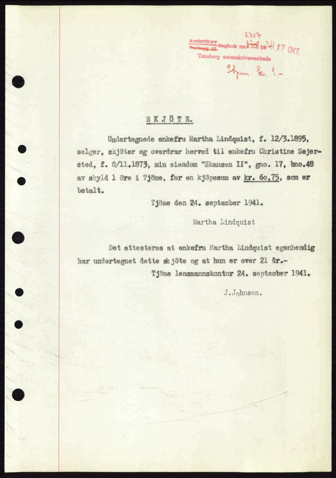 Tønsberg sorenskriveri, AV/SAKO-A-130/G/Ga/Gaa/L0010: Mortgage book no. A10, 1941-1941, Diary no: : 2707/1941