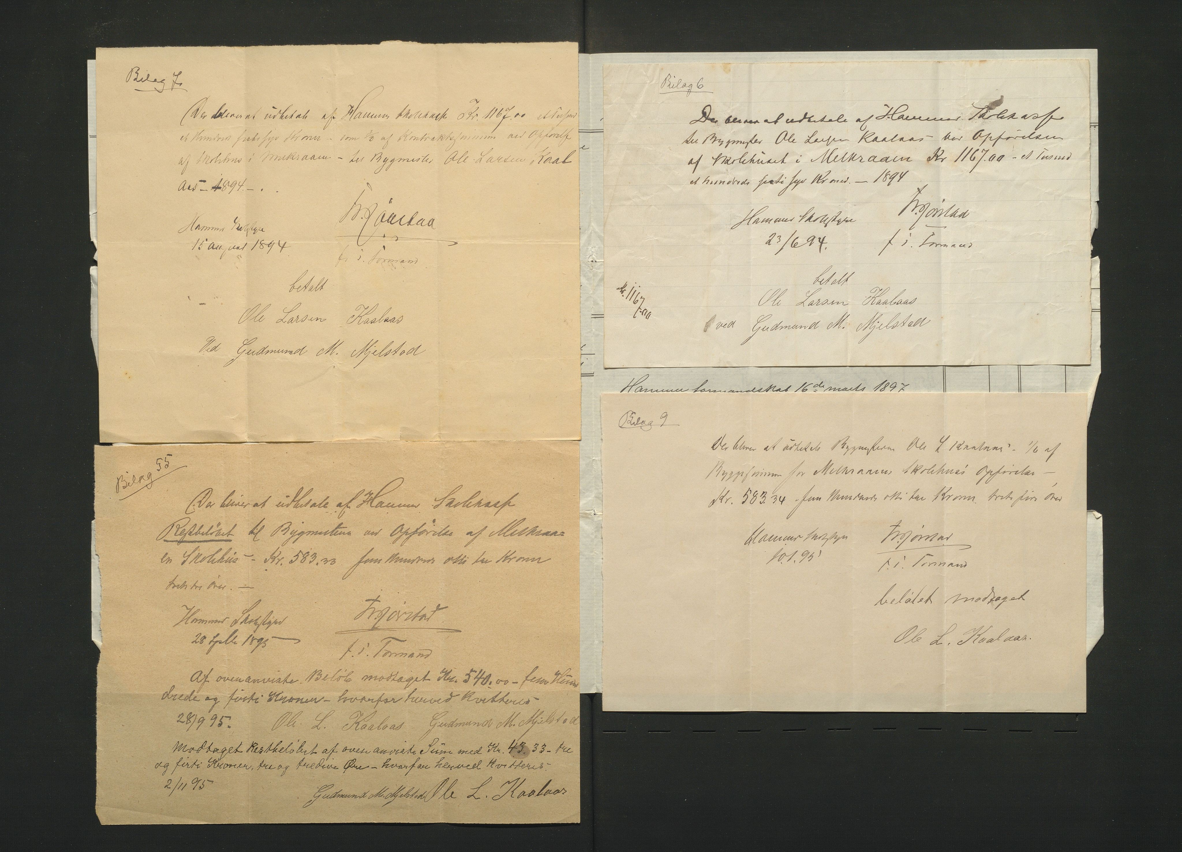 Hamre kommune. Formannskapet, IKAH/1254-021/D/Db/L0018/0005: Skulekrinsar, skulehus, leikeplassar, lærarbustader / Mjølkeråen skulehus (Åsane). Bygging. Rekneskap , 1894-1897