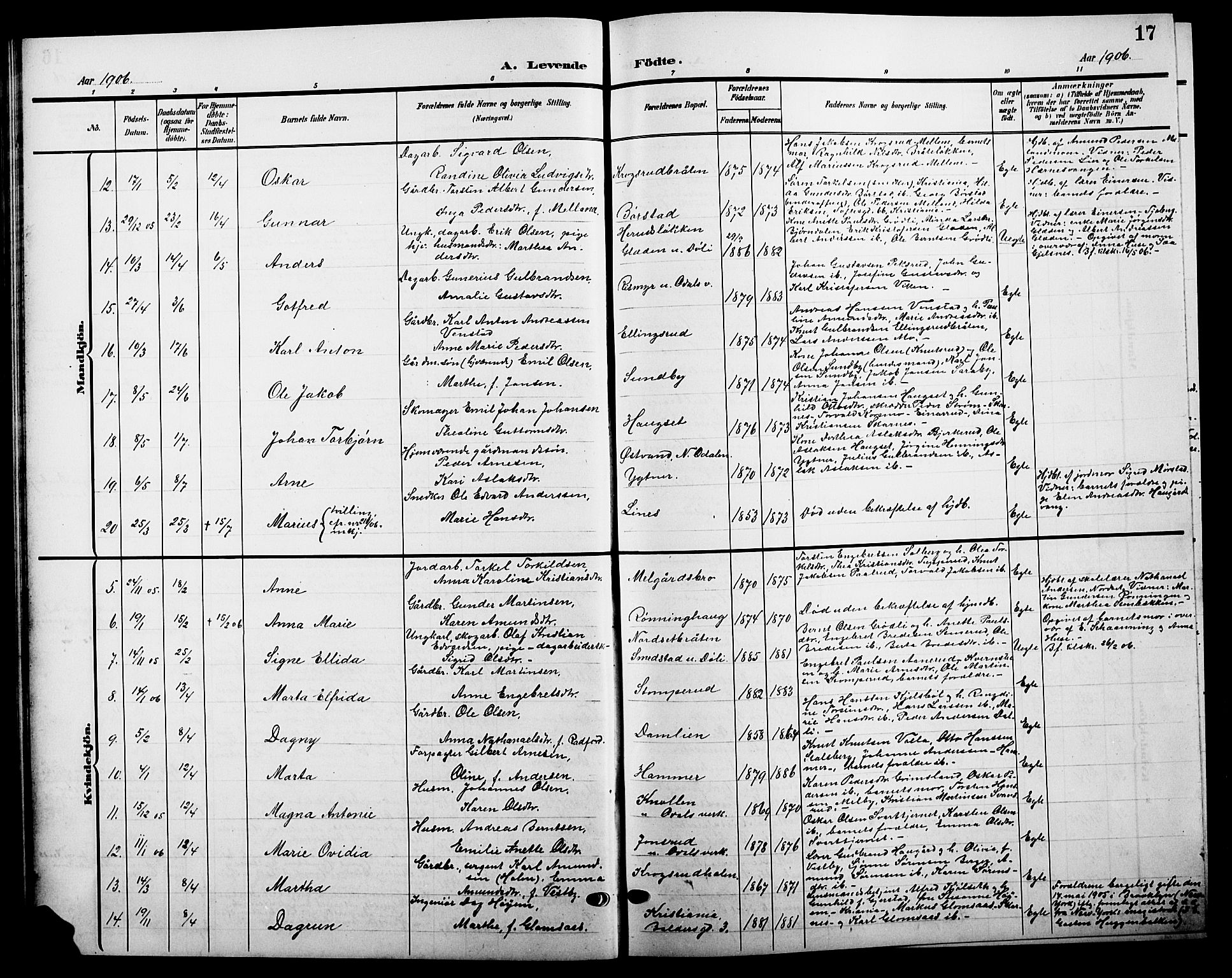 Sør-Odal prestekontor, AV/SAH-PREST-030/H/Ha/Hab/L0005: Parish register (copy) no. 5, 1903-1915, p. 17