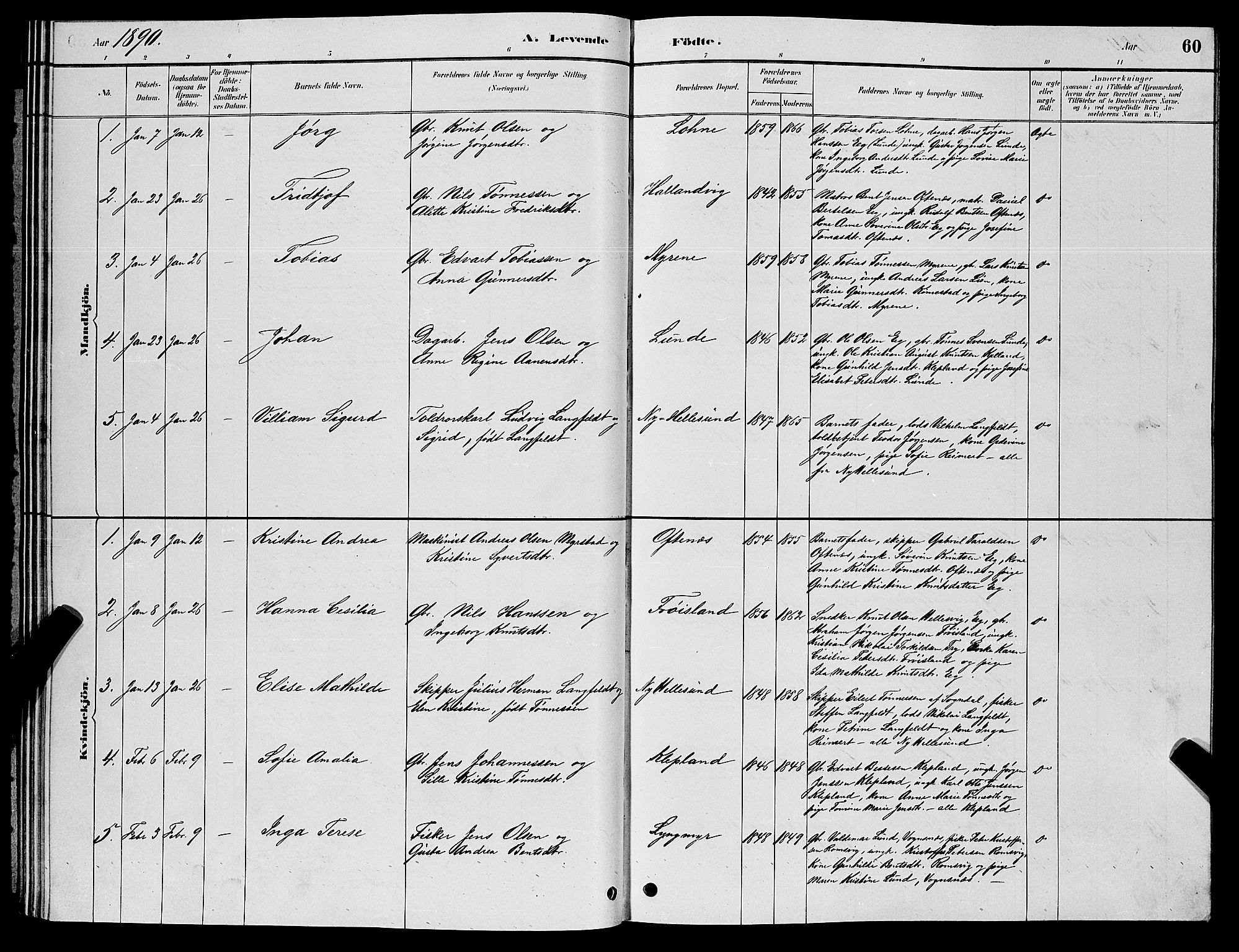 Søgne sokneprestkontor, SAK/1111-0037/F/Fb/Fbb/L0005: Parish register (copy) no. B 5, 1884-1891, p. 60