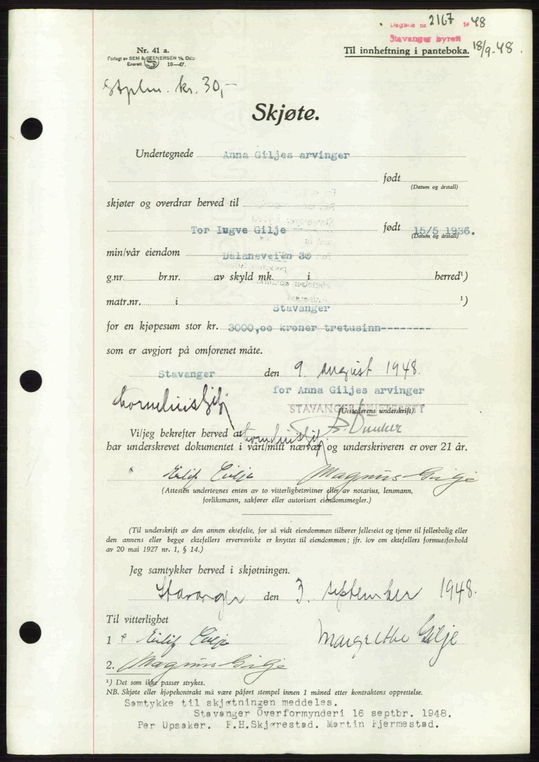 Stavanger byrett, SAST/A-100455/002/G/Gb/L0022: Mortgage book no. A11, 1947-1948, Diary no: : 2167/1948