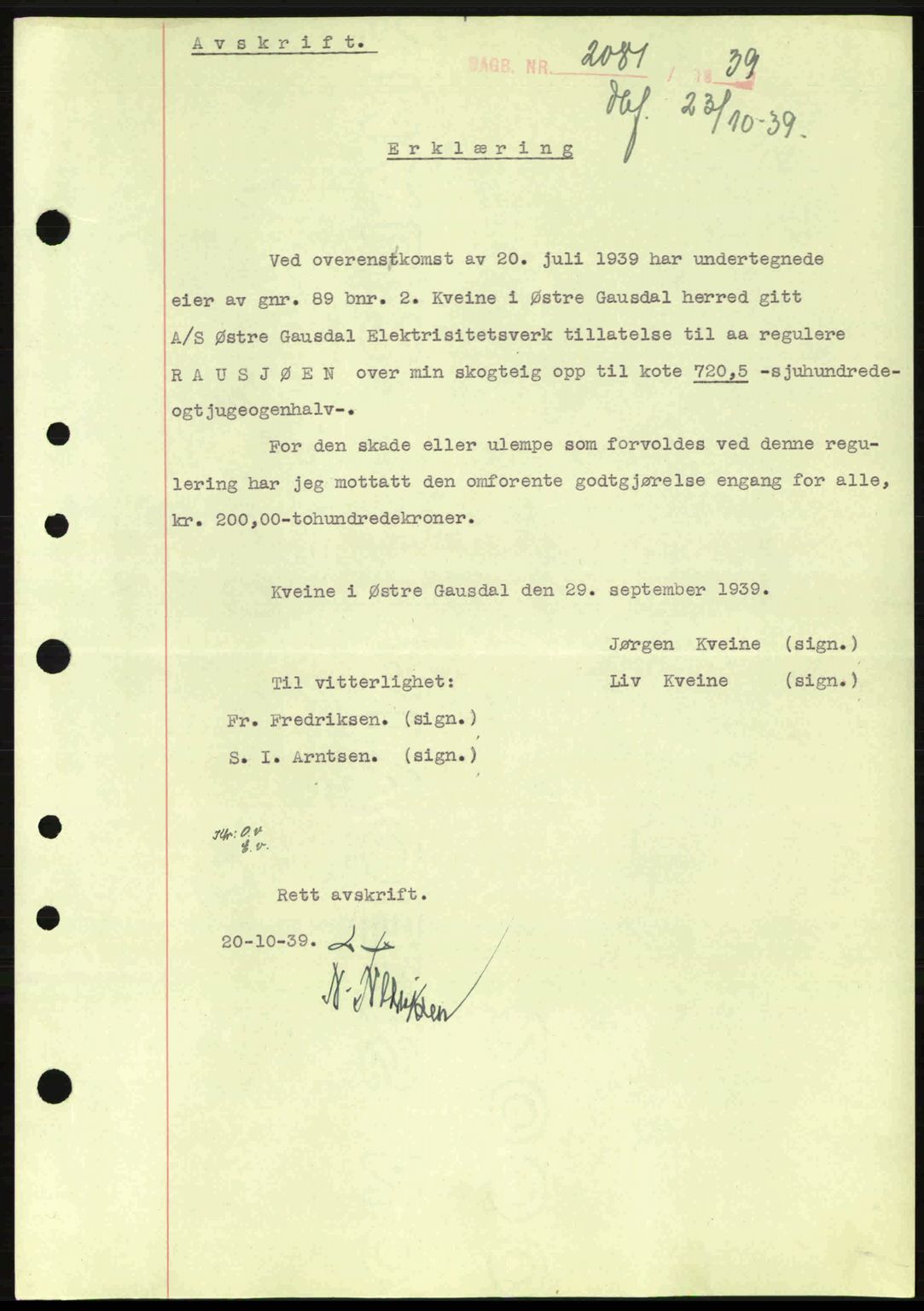 Sør-Gudbrandsdal tingrett, SAH/TING-004/H/Hb/Hbe/L0001: Mortgage book no. B1, 1936-1939, Diary no: : 2081/1939