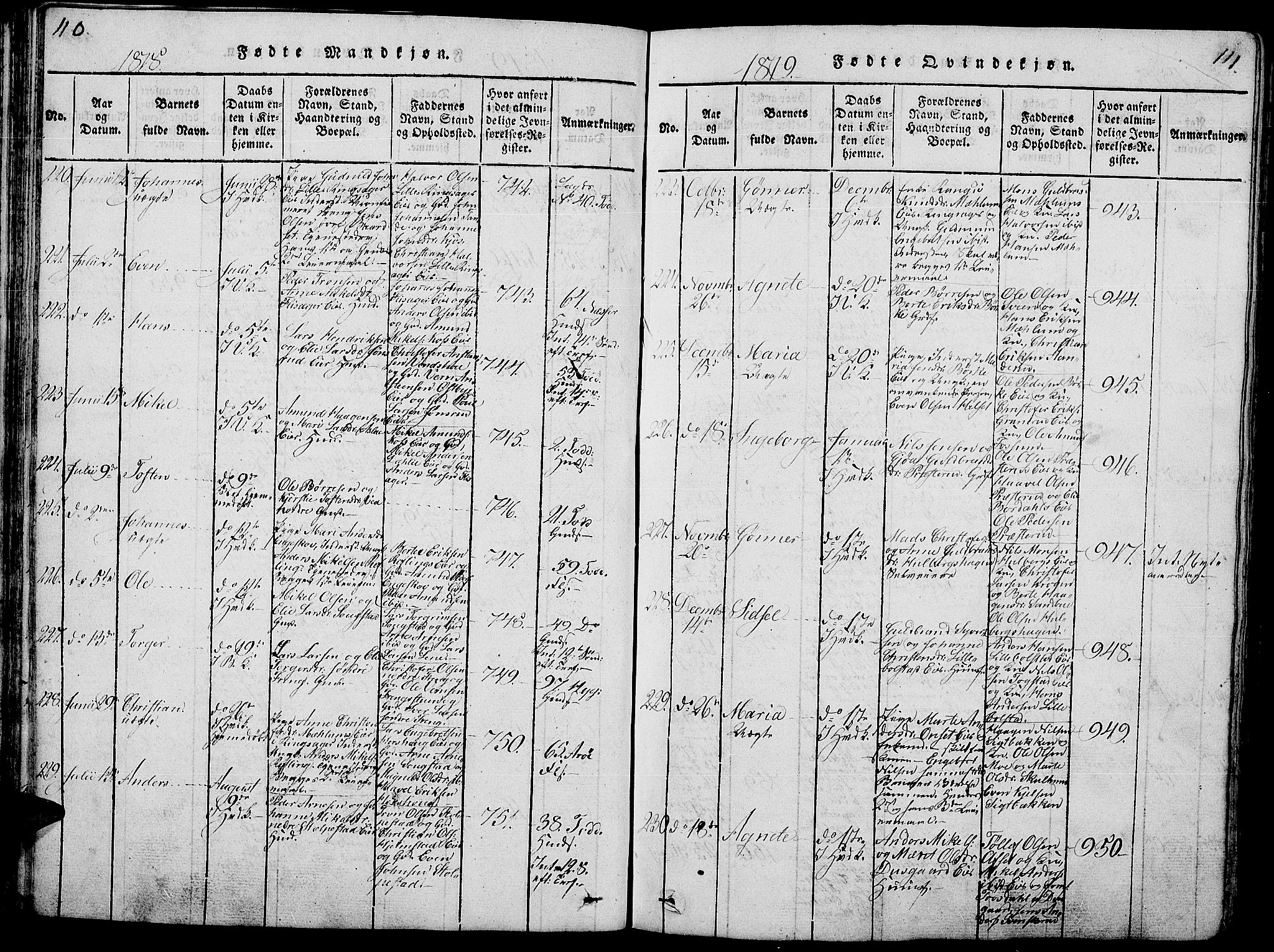 Ringsaker prestekontor, AV/SAH-PREST-014/L/La/L0001: Parish register (copy) no. 1, 1814-1826, p. 110-111