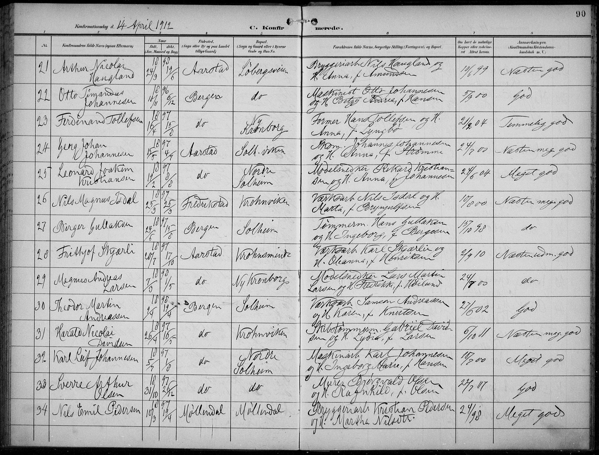 Årstad Sokneprestembete, AV/SAB-A-79301/H/Haa/L0007: Parish register (official) no. B 2, 1901-1914, p. 90