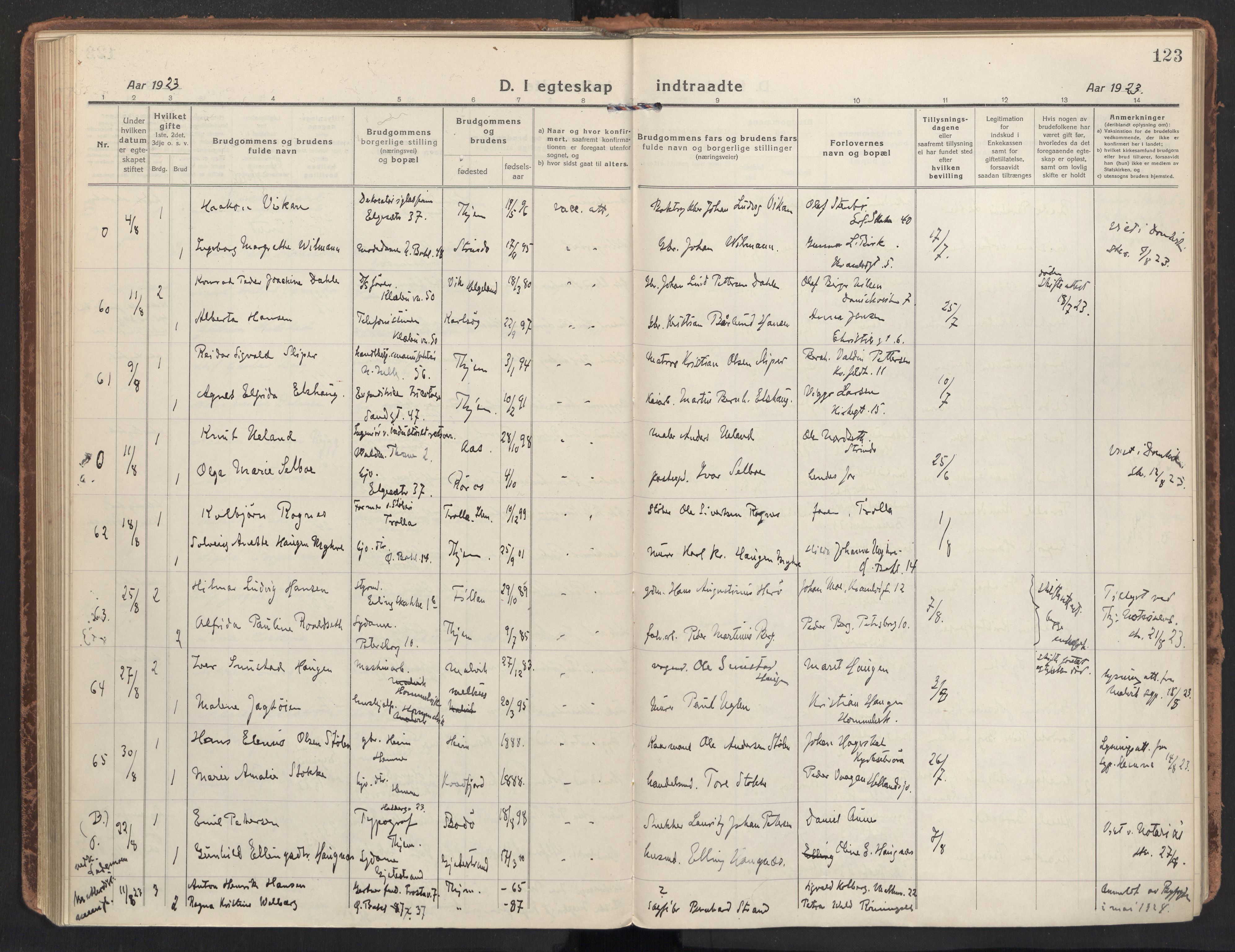 Ministerialprotokoller, klokkerbøker og fødselsregistre - Sør-Trøndelag, AV/SAT-A-1456/604/L0206: Parish register (official) no. 604A26, 1917-1931, p. 123