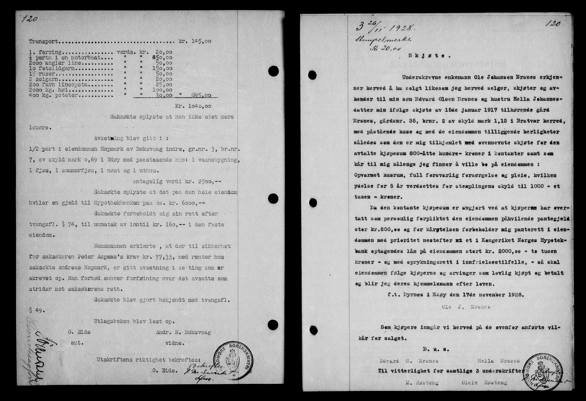 Nordmøre sorenskriveri, AV/SAT-A-4132/1/2/2Ca/L0065: Mortgage book no. 55, 1928-1929, Deed date: 26.11.1928