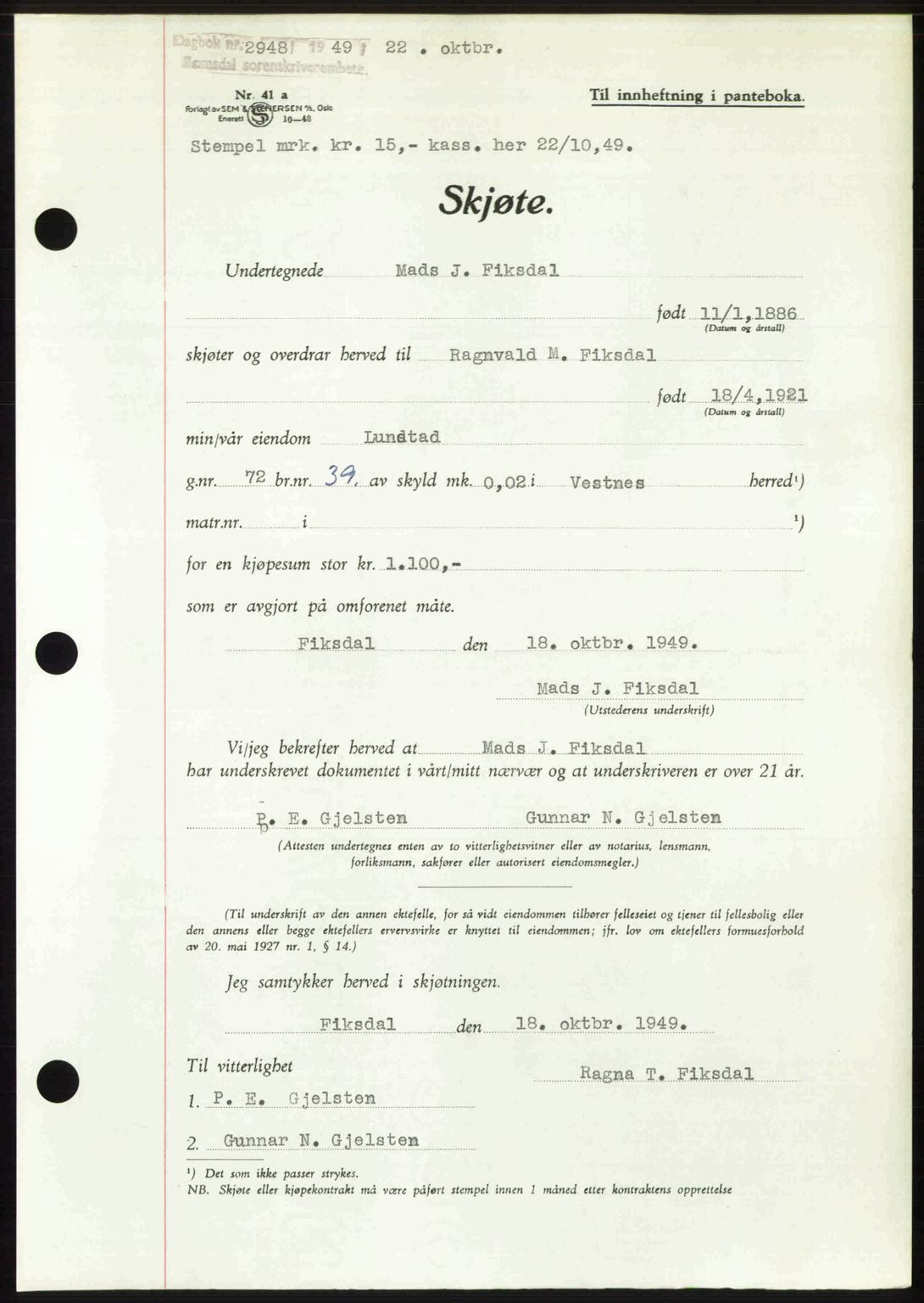 Romsdal sorenskriveri, AV/SAT-A-4149/1/2/2C: Mortgage book no. A31, 1949-1949, Diary no: : 2948/1949