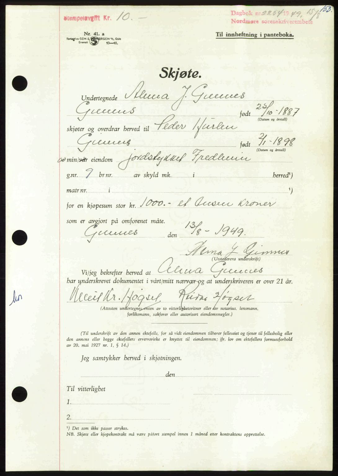 Nordmøre sorenskriveri, AV/SAT-A-4132/1/2/2Ca: Mortgage book no. A112, 1949-1949, Diary no: : 2254/1949