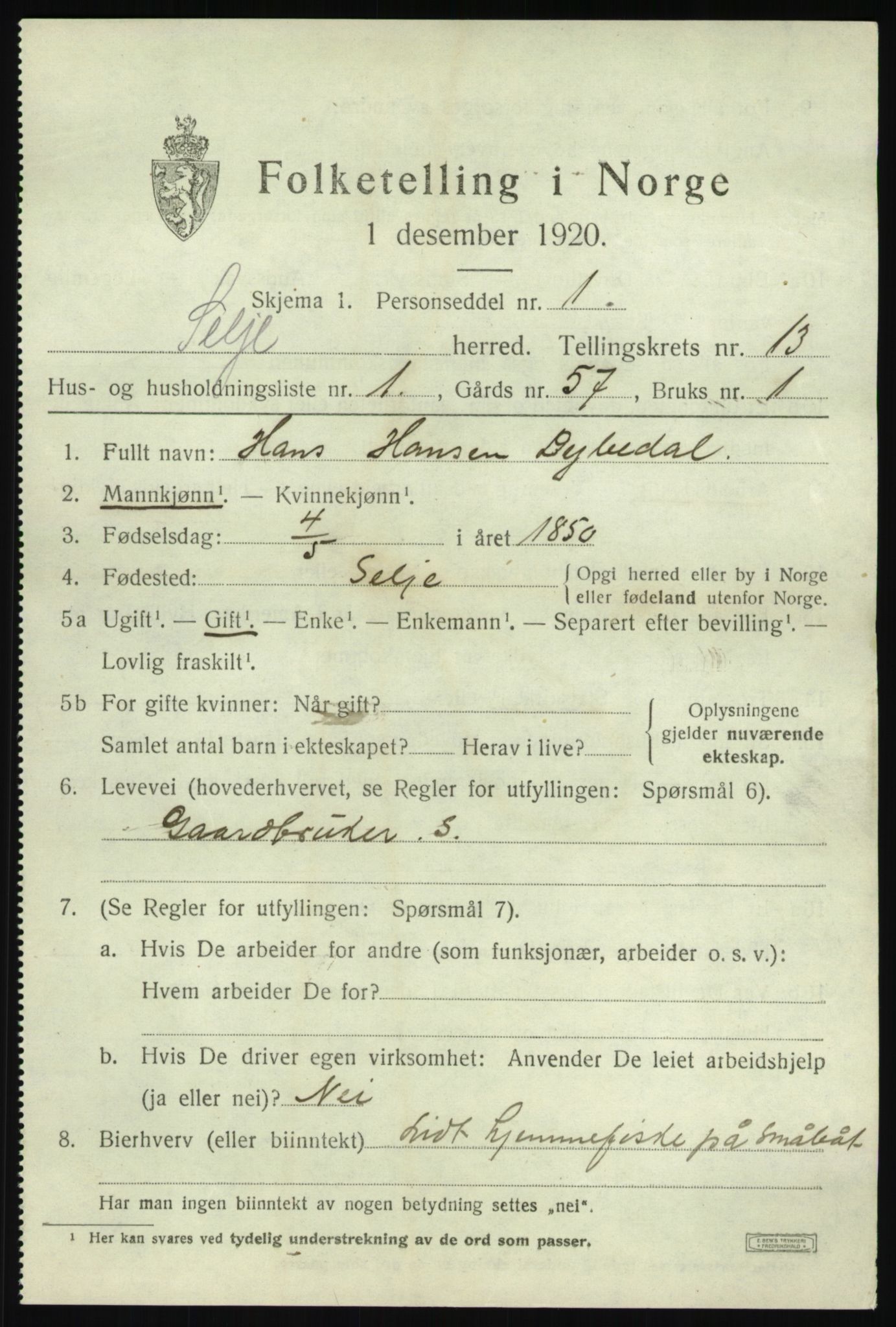 SAB, 1920 census for Selje, 1920, p. 5629