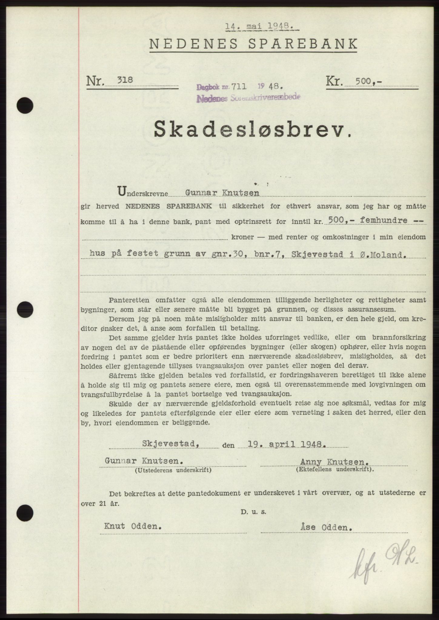 Nedenes sorenskriveri, AV/SAK-1221-0006/G/Gb/Gbb/L0005: Mortgage book no. B5, 1948-1948, Diary no: : 711/1948