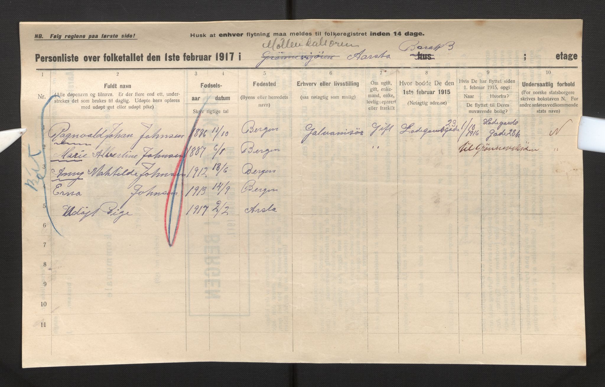 SAB, Municipal Census 1917 for Bergen, 1917, p. 52430