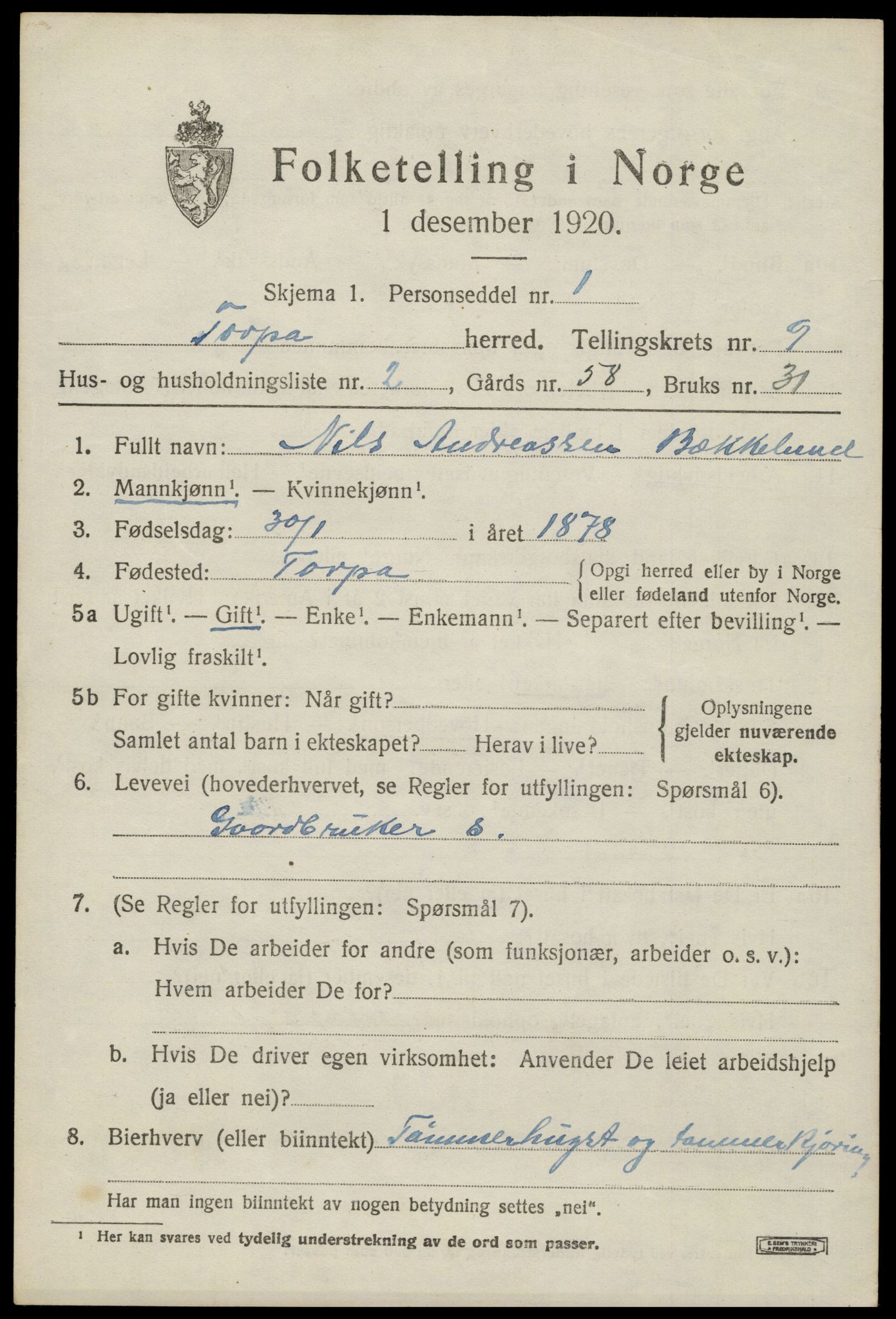 SAH, 1920 census for Torpa, 1920, p. 5239